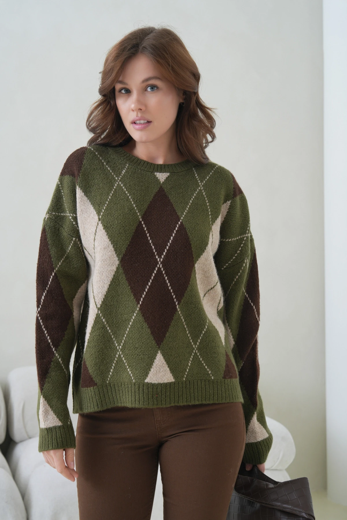 Kadın Bisiklet Yaka Baklava Desenli Triko Kazak 8704Sw