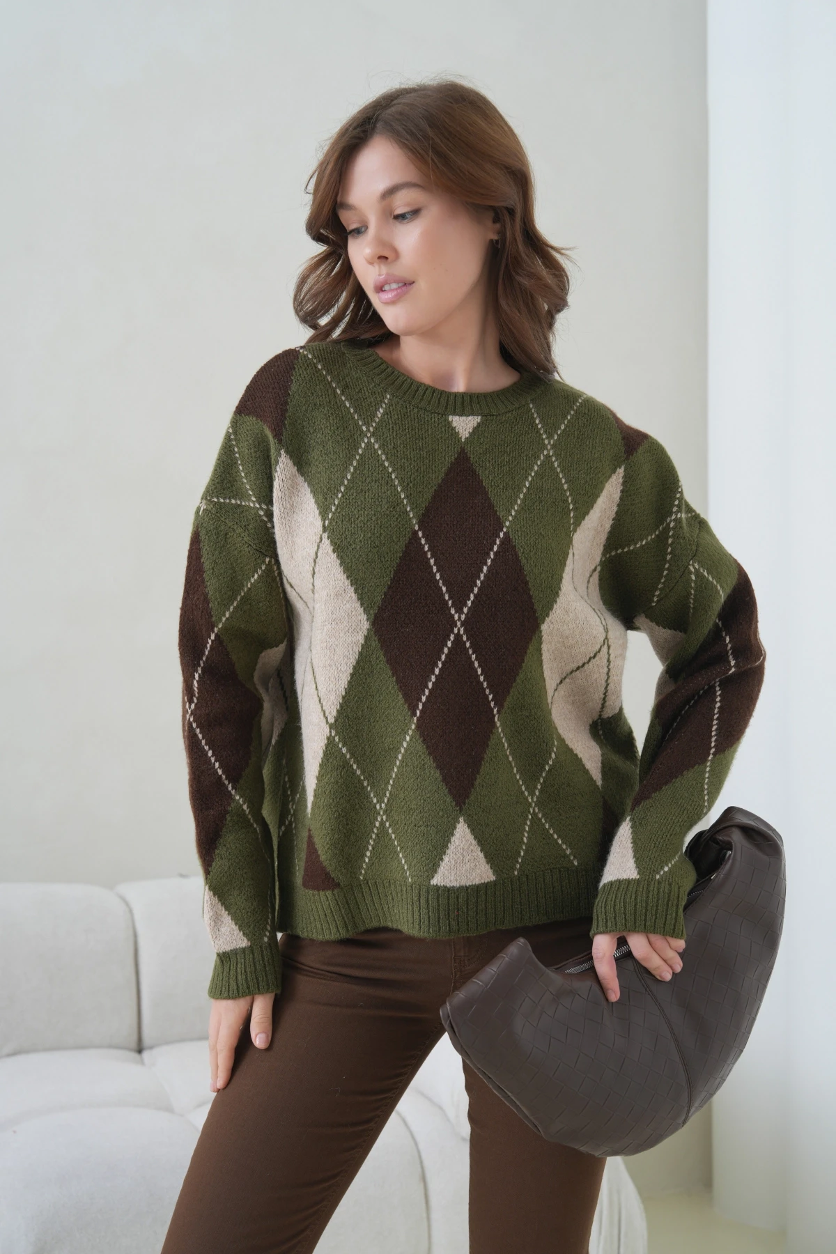 Kadın Bisiklet Yaka Baklava Desenli Triko Kazak 8704Sw