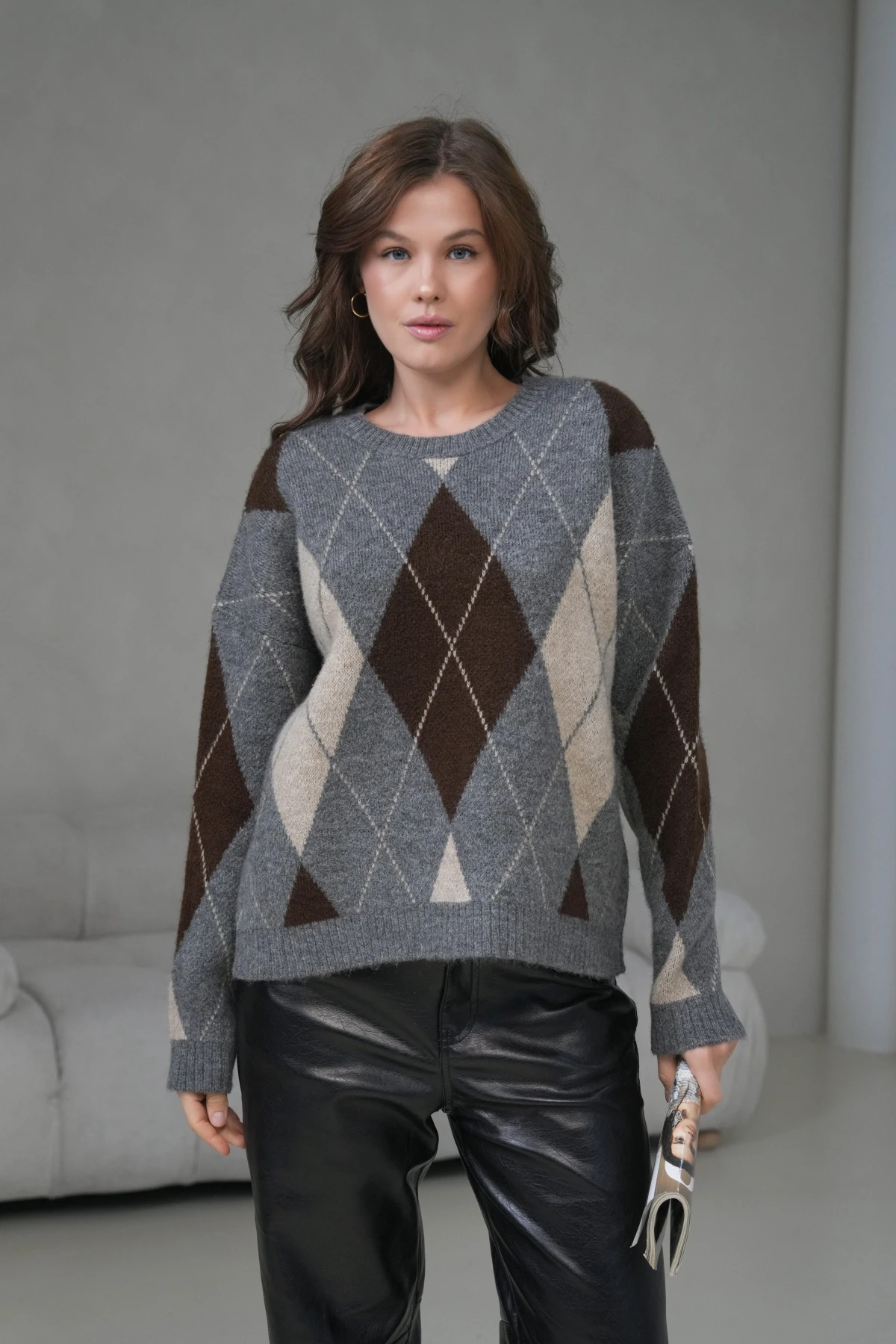 Kadın Bisiklet Yaka Baklava Desenli Triko Kazak 8704Sw