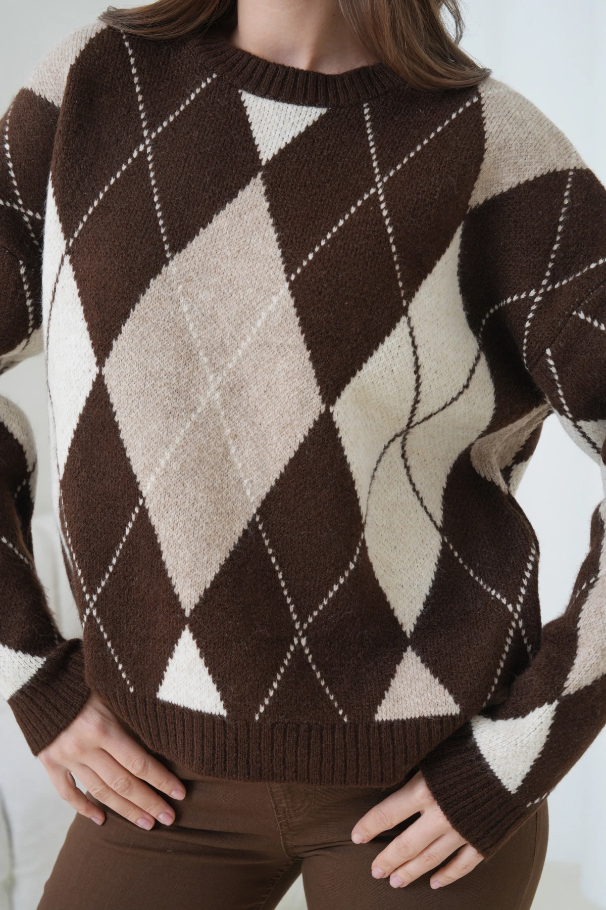 Kadın Bisiklet Yaka Baklava Desenli Triko Kazak 8704Sw