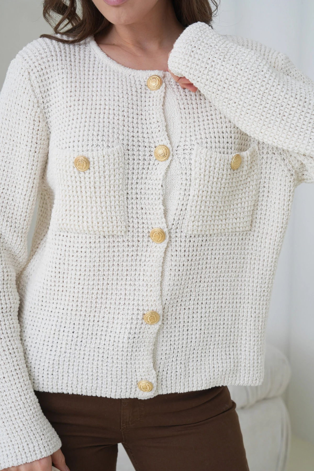 Kadın Bisiklet Yaka Cepli Düğme Detay Drapeli Selanik Triko Ceket HI00101