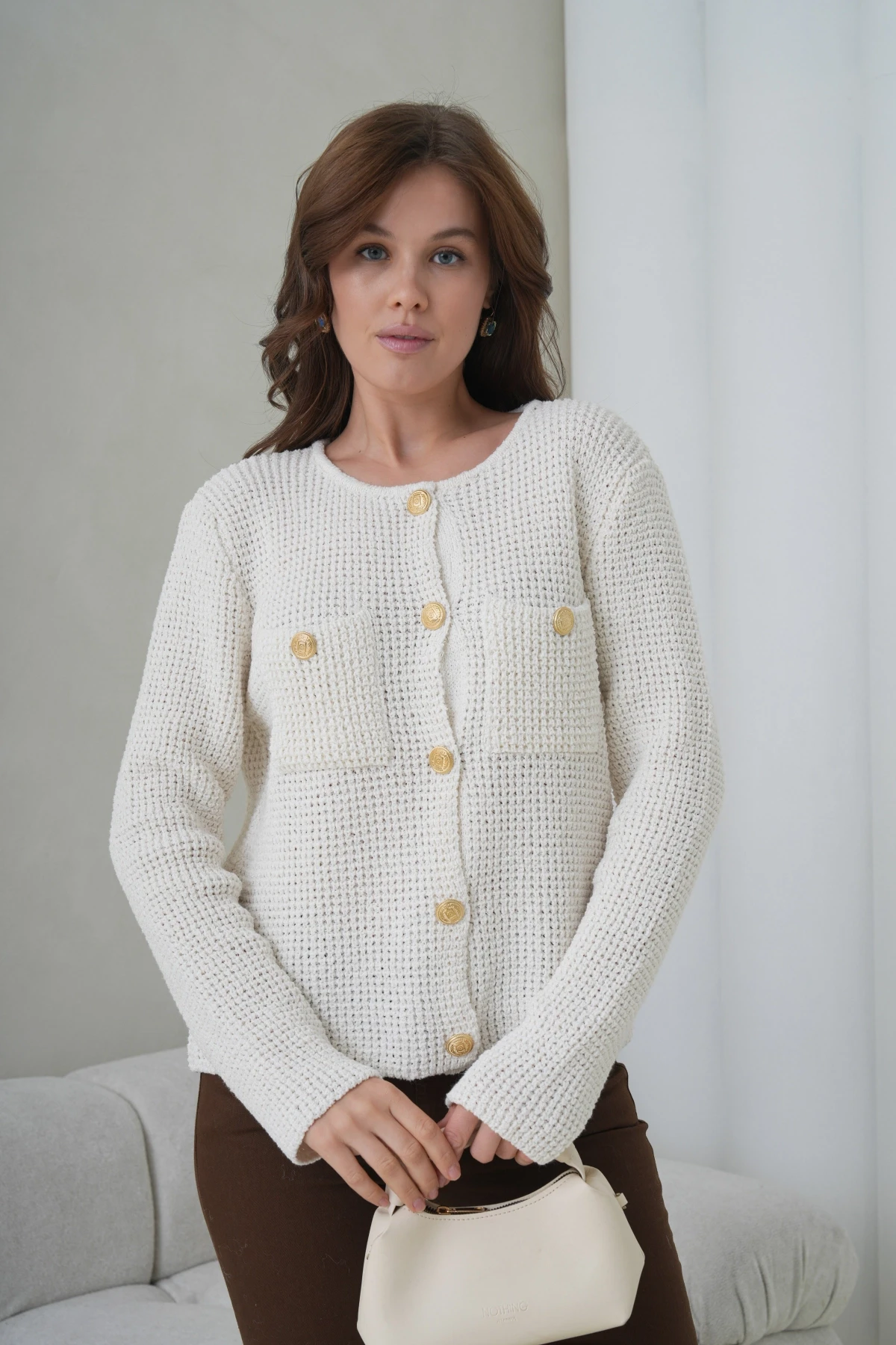 Kadın Bisiklet Yaka Cepli Düğme Detay Drapeli Selanik Triko Ceket HI00101