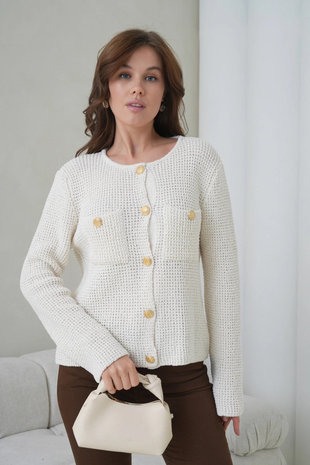 Kadın Bisiklet Yaka Cepli Düğme Detay Drapeli Selanik Triko Ceket HI00101