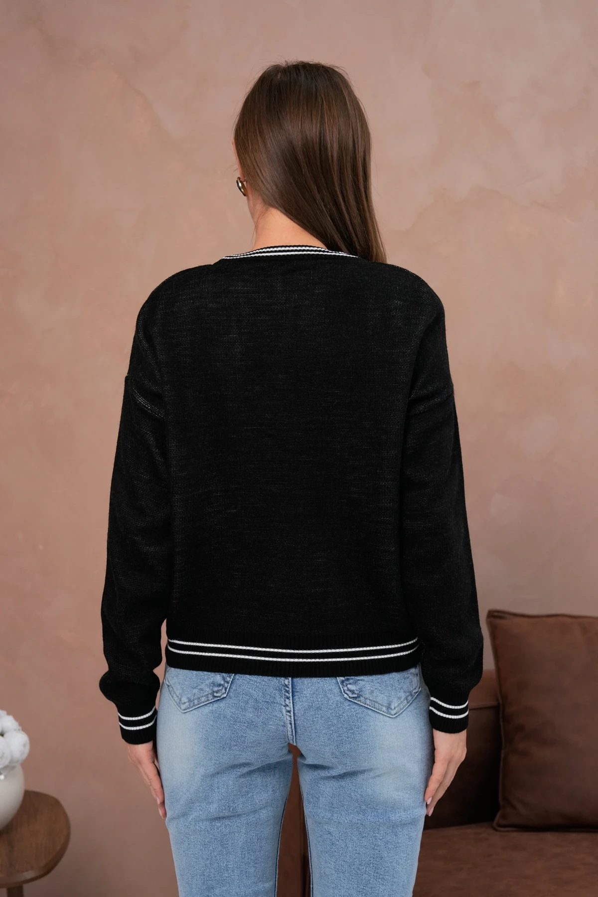 Kadın Bisiklet Yaka Çizgi Detay Nakışlı Triko Kazak 10519