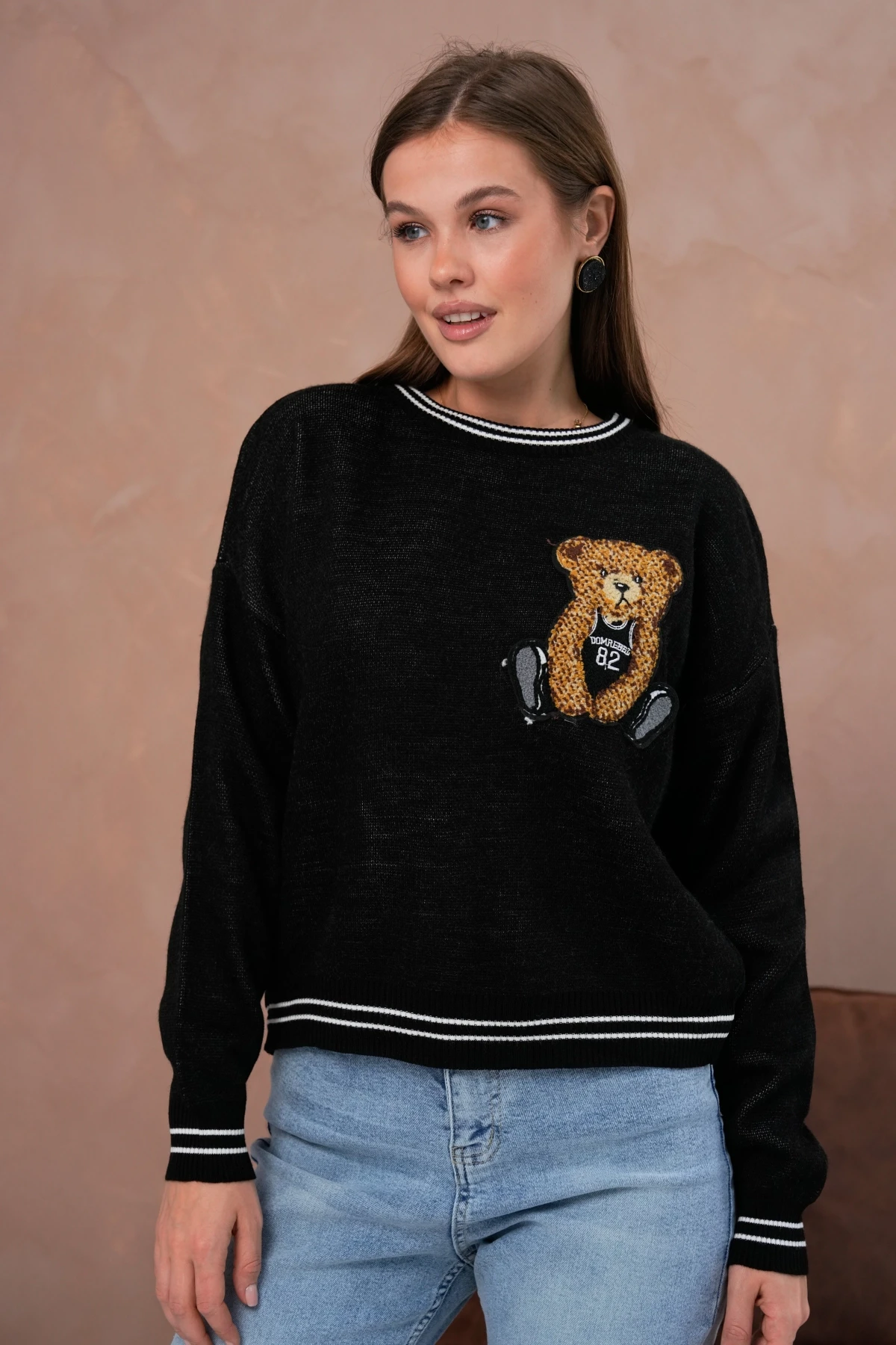 Kadın Bisiklet Yaka Çizgi Detay Nakışlı Triko Kazak 10519