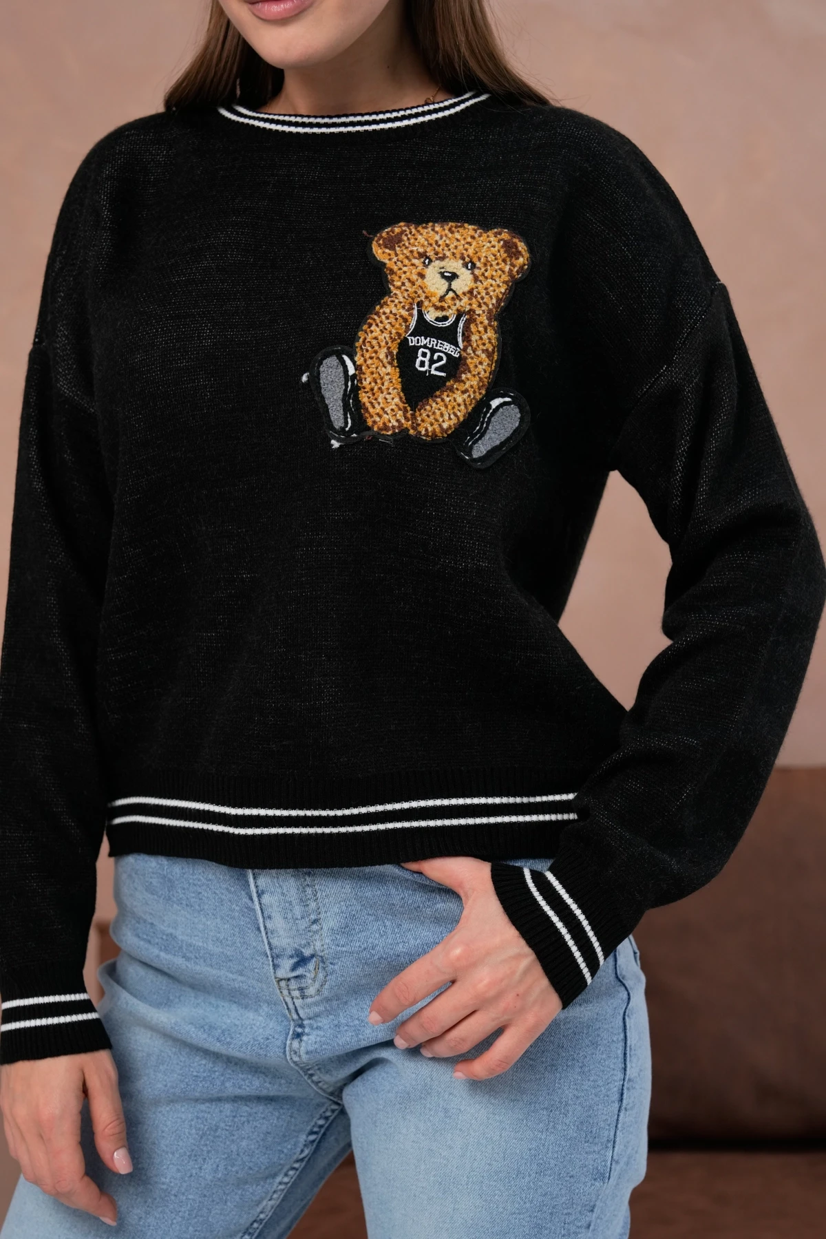 Kadın Bisiklet Yaka Çizgi Detay Nakışlı Triko Kazak 10519