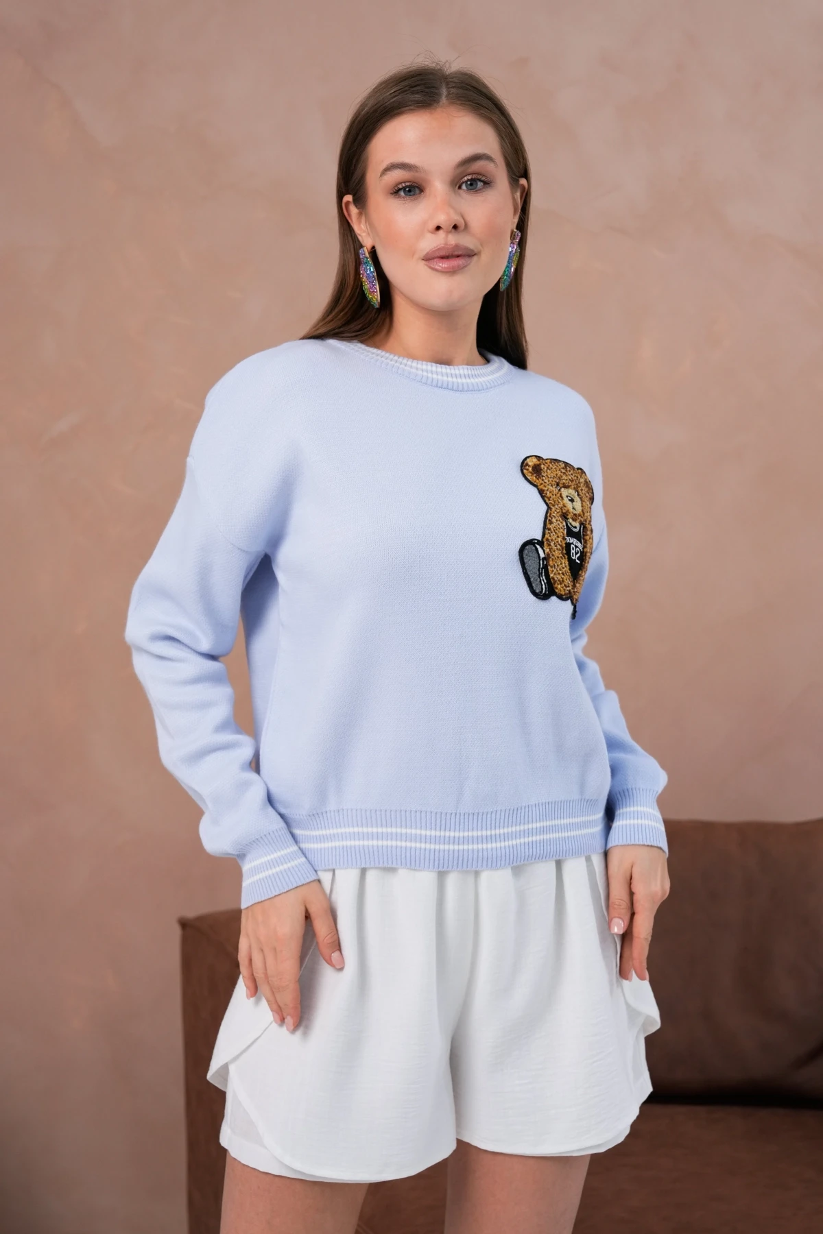 Kadın Bisiklet Yaka Çizgi Detay Nakışlı Triko Kazak 10519