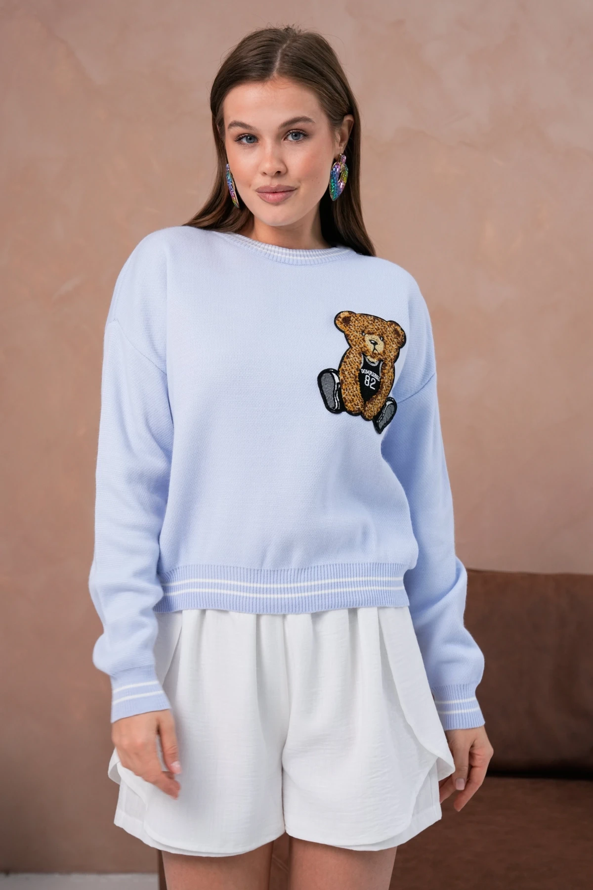 Kadın Bisiklet Yaka Çizgi Detay Nakışlı Triko Kazak 10519