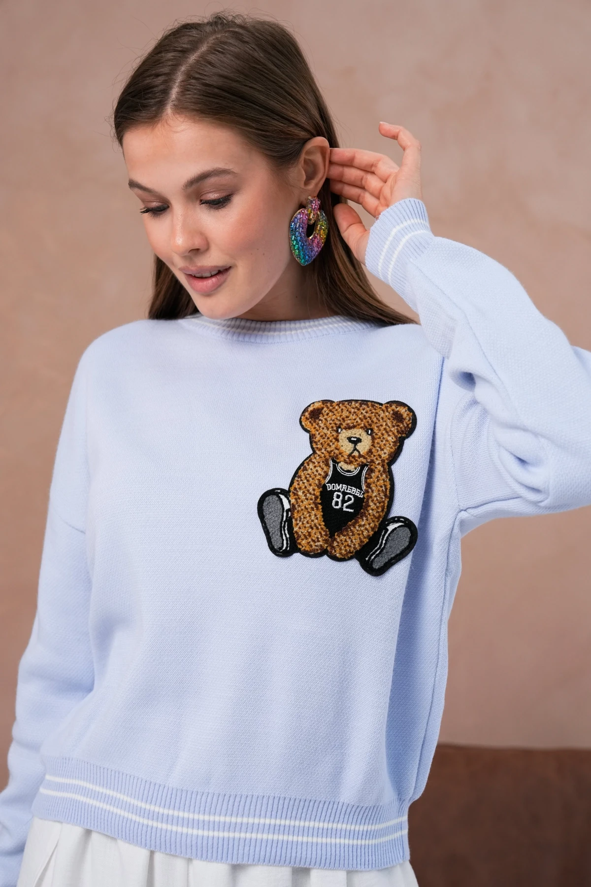 Kadın Bisiklet Yaka Çizgi Detay Nakışlı Triko Kazak 10519