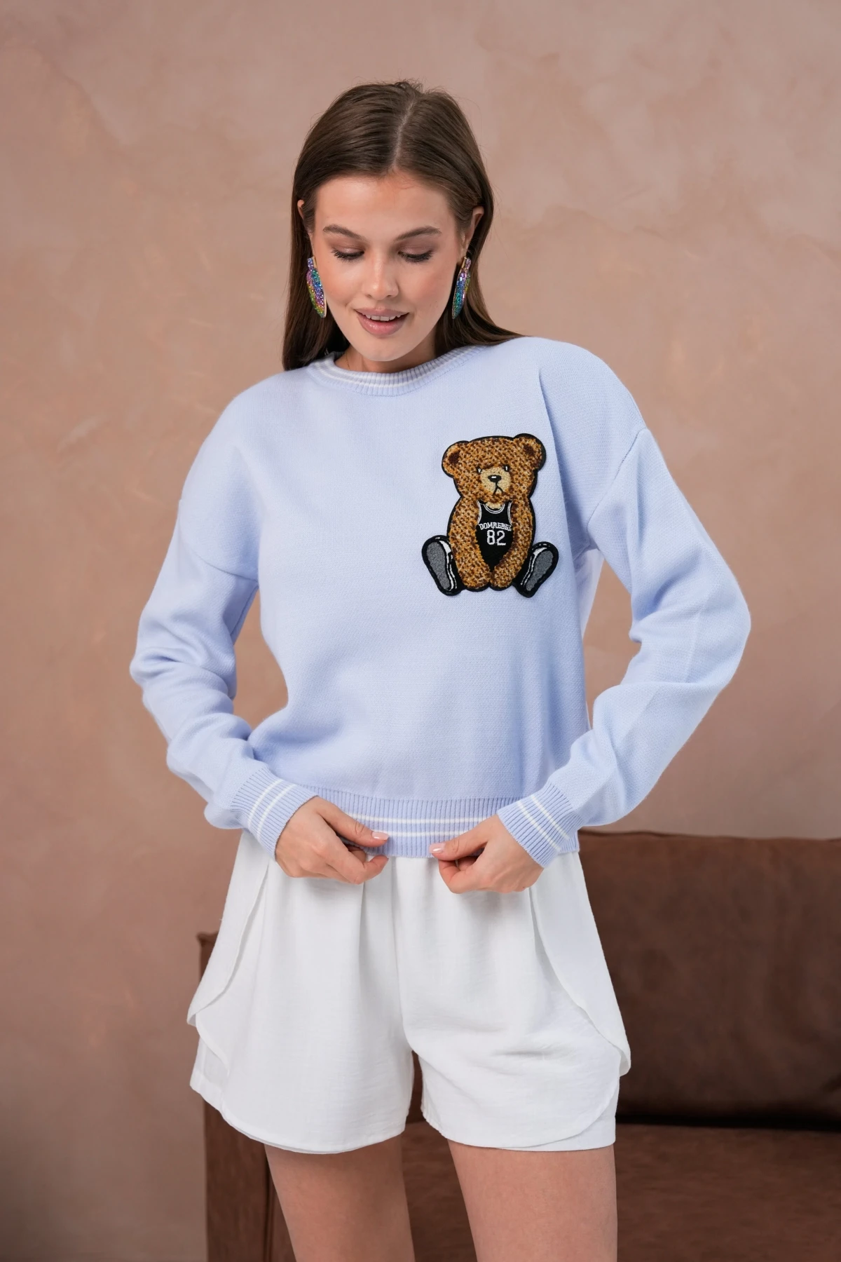 Kadın Bisiklet Yaka Çizgi Detay Nakışlı Triko Kazak 10519