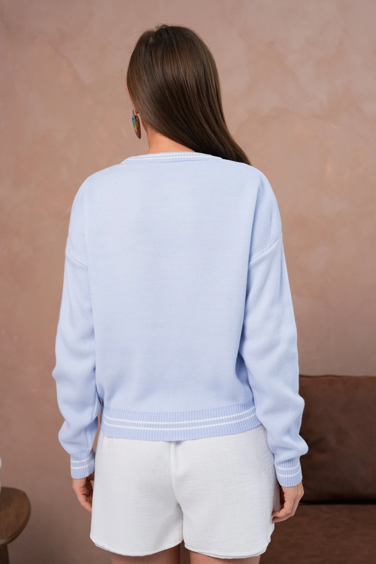 Kadın Bisiklet Yaka Çizgi Detay Nakışlı Triko Kazak 10519