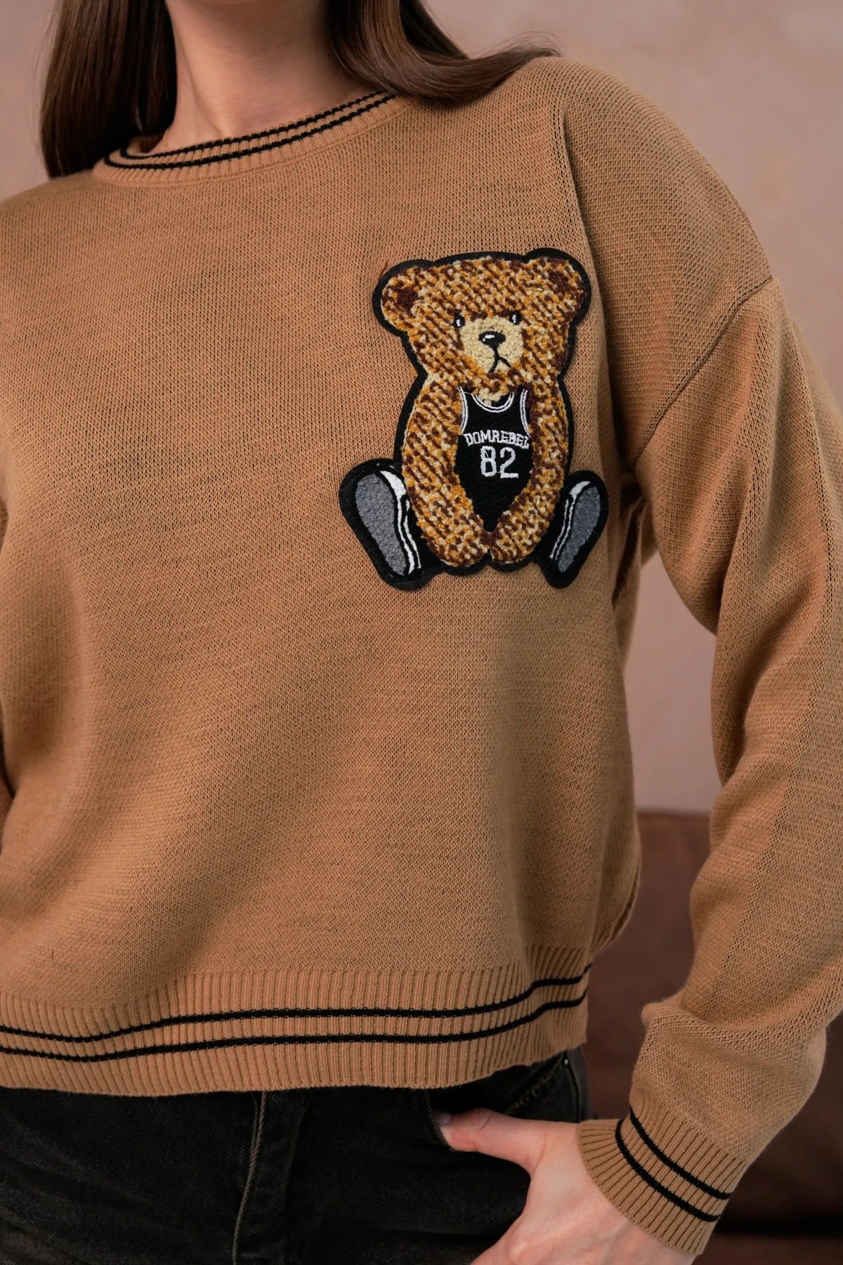 Kadın Bisiklet Yaka Çizgi Detay Nakışlı Triko Kazak 10519