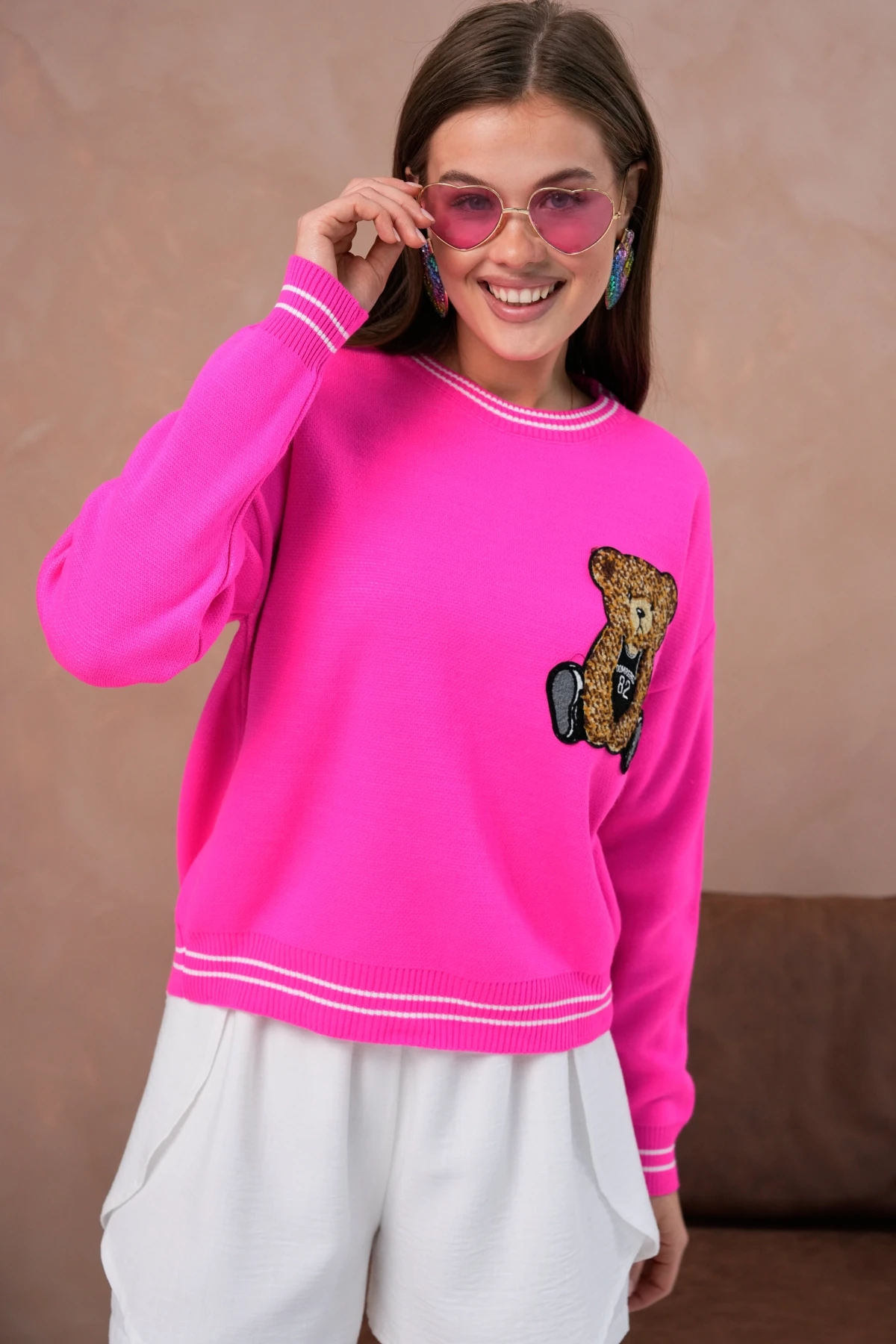 Kadın Bisiklet Yaka Çizgi Detay Nakışlı Triko Kazak 10519