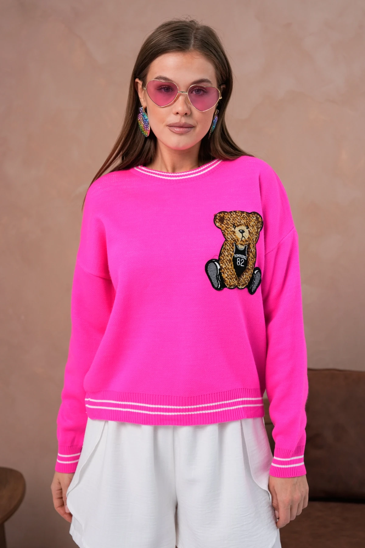 Kadın Bisiklet Yaka Çizgi Detay Nakışlı Triko Kazak 10519