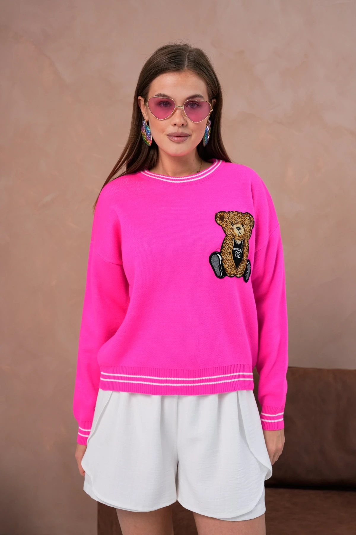 Kadın Bisiklet Yaka Çizgi Detay Nakışlı Triko Kazak 10519