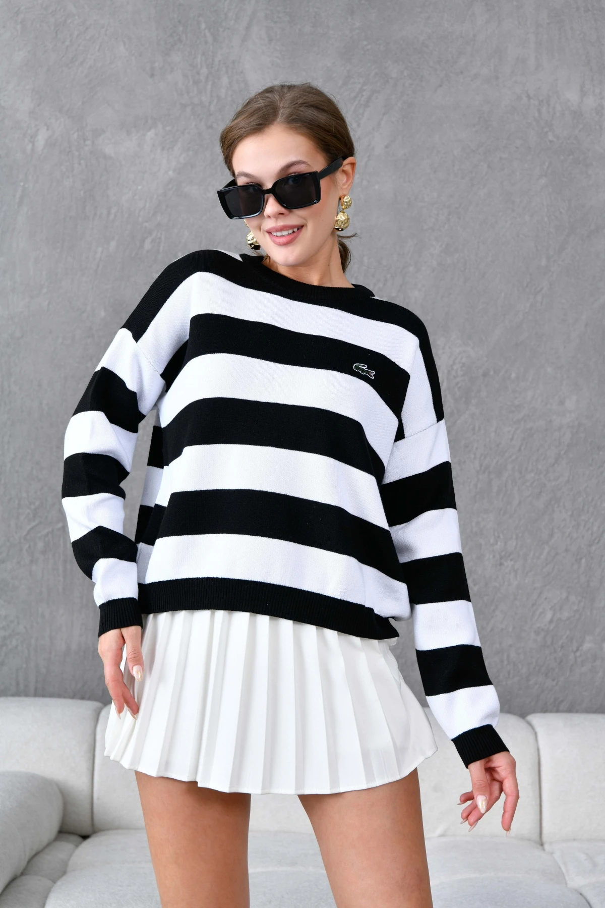 Kadın Bisiklet Yaka Çizgili Triko Kazak 10279.Ctn