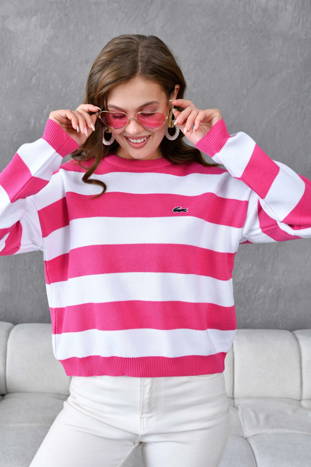 Kadın Bisiklet Yaka Çizgili Triko Kazak 10279.Ctn