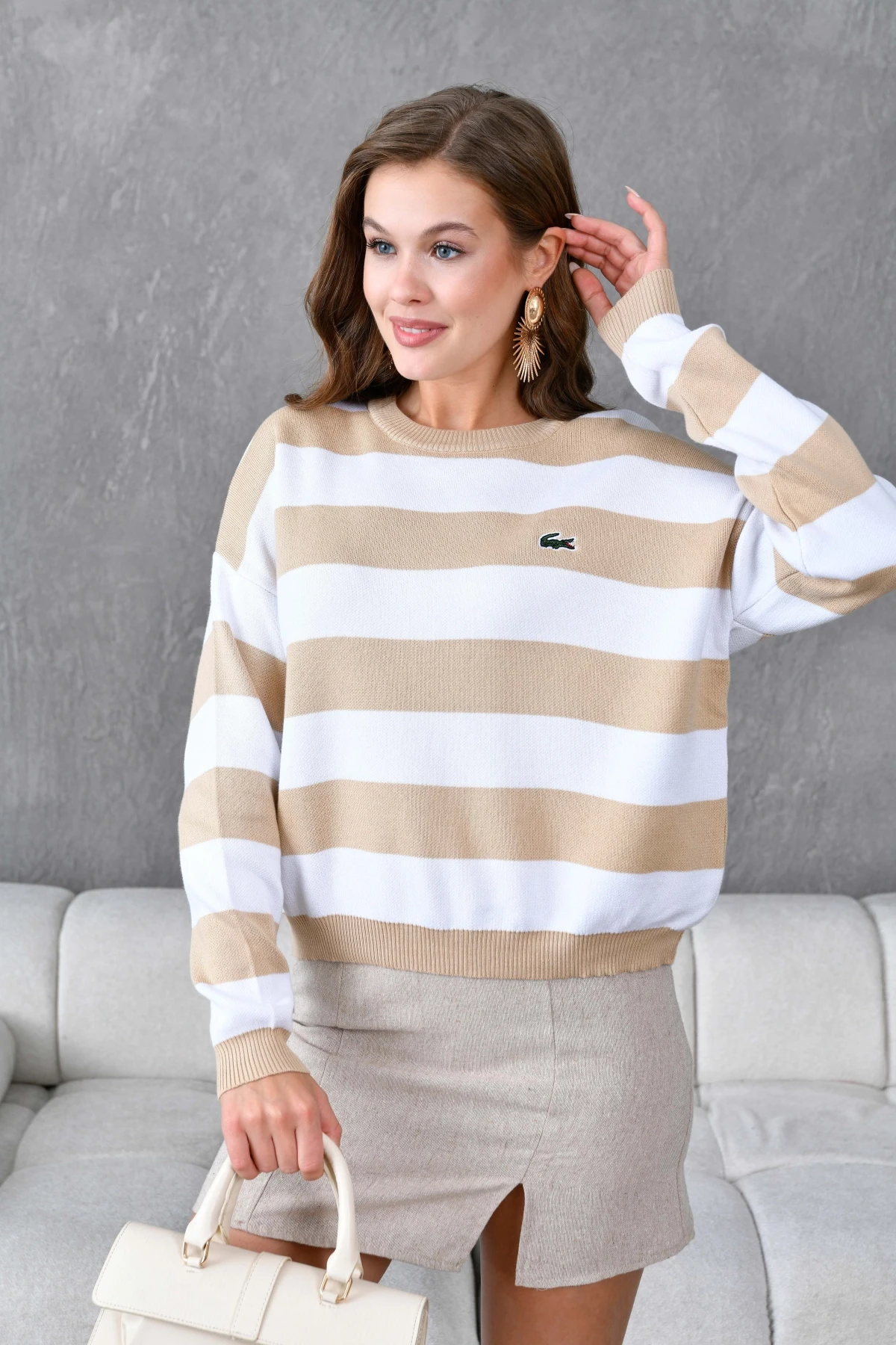 Kadın Bisiklet Yaka Çizgili Triko Kazak 10279.Ctn