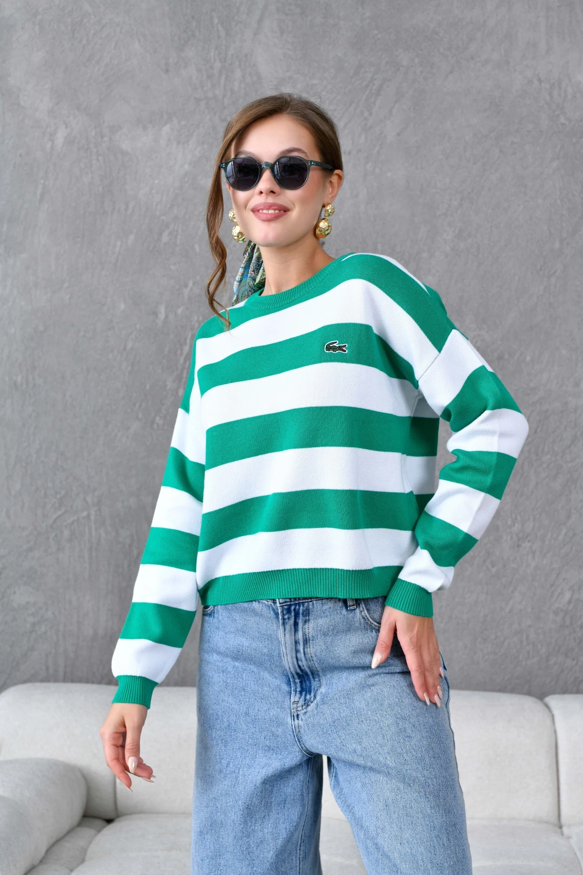 Kadın Bisiklet Yaka Çizgili Triko Kazak 10279.Ctn