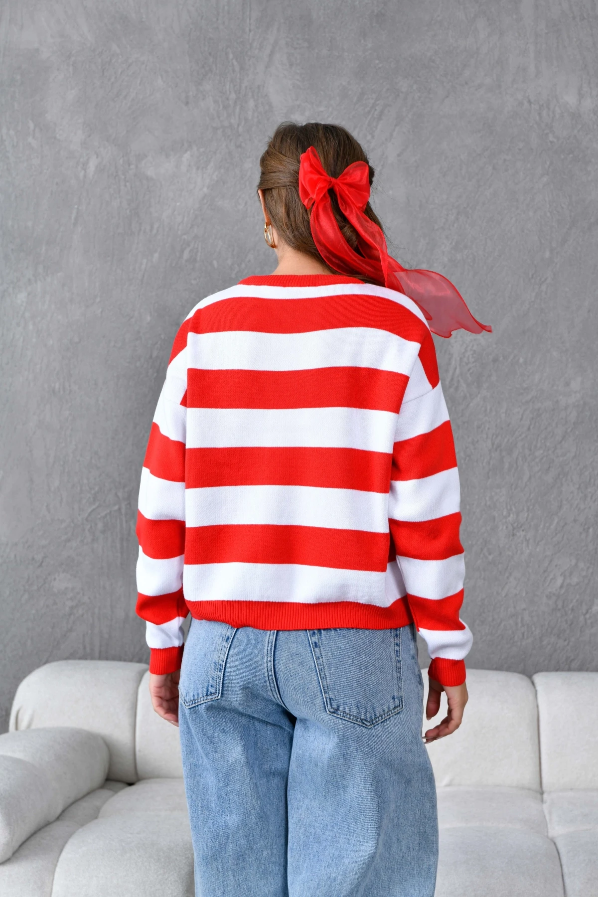 Kadın Bisiklet Yaka Çizgili Triko Kazak 10279.Ctn