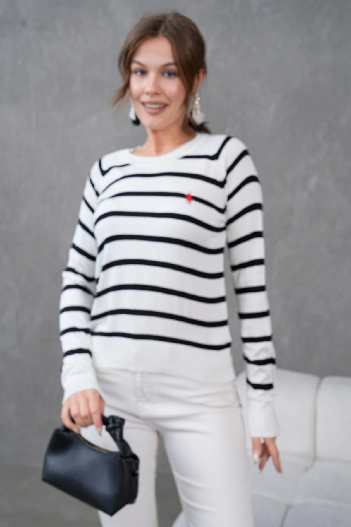 Kadın Bisiklet Yaka Çizgili Triko Kazak 10283.Vsc