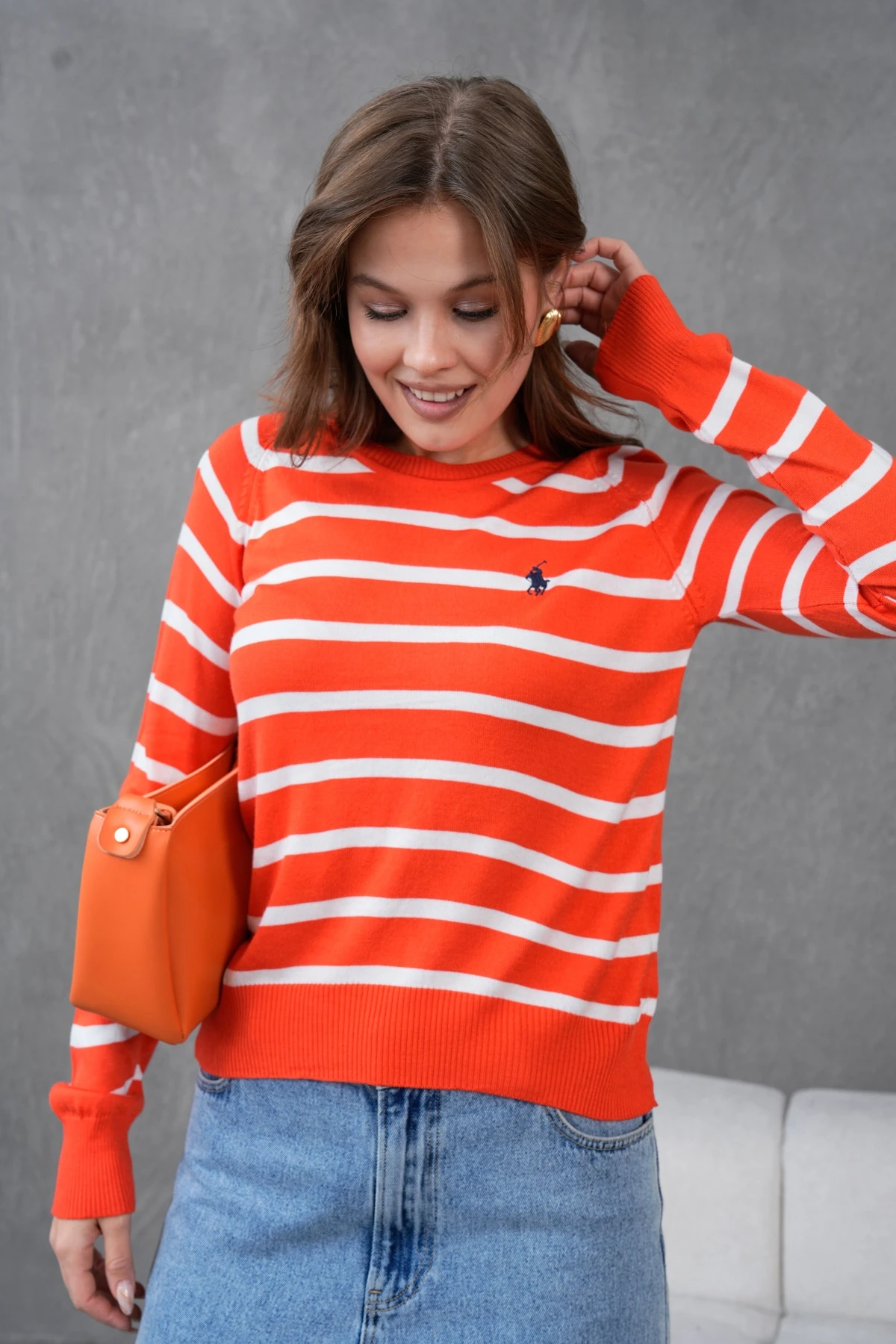 Kadın Bisiklet Yaka Çizgili Triko Kazak 10283.Vsc