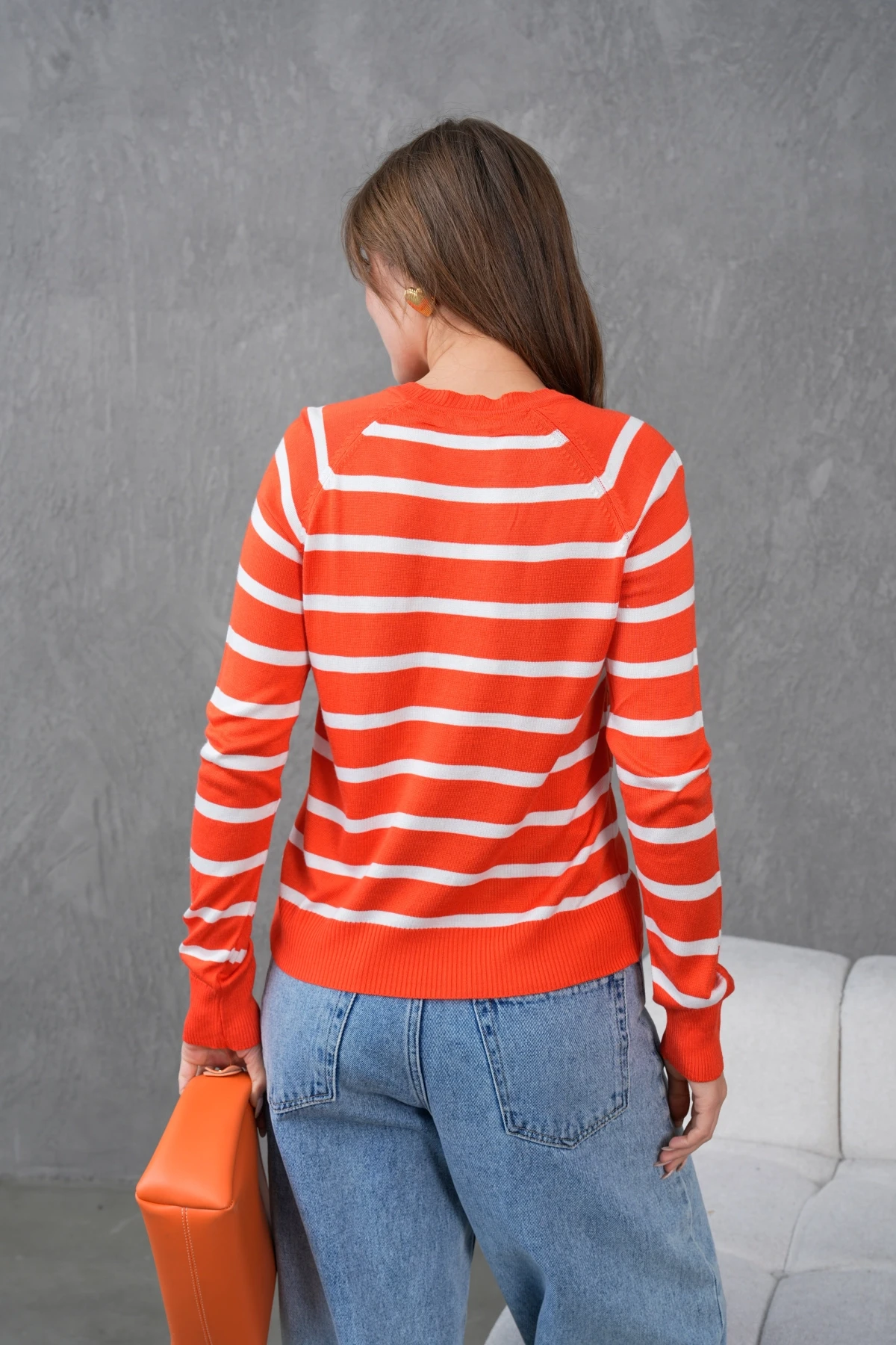 Kadın Bisiklet Yaka Çizgili Triko Kazak 10283.Vsc