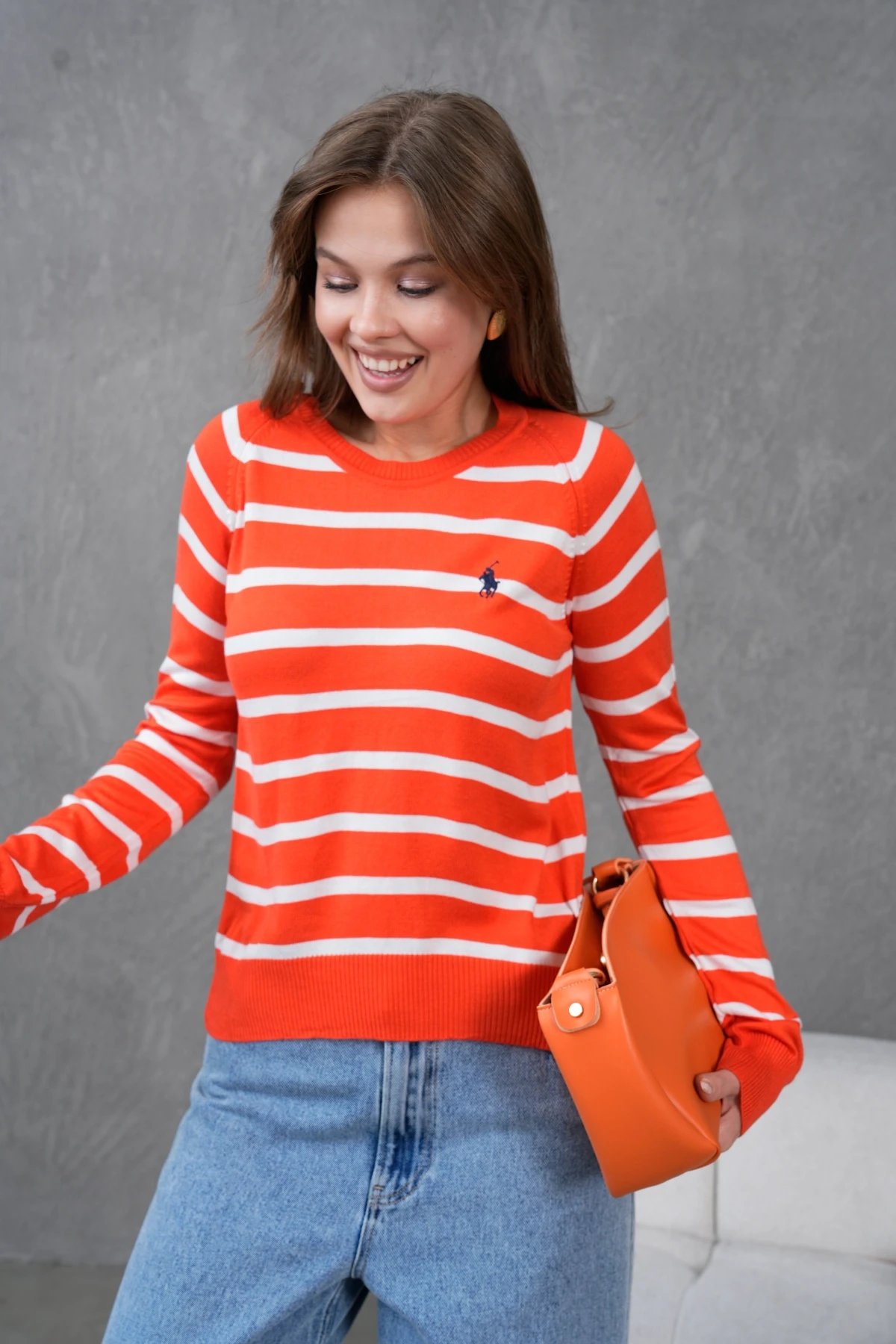 Kadın Bisiklet Yaka Çizgili Triko Kazak 10283.Vsc