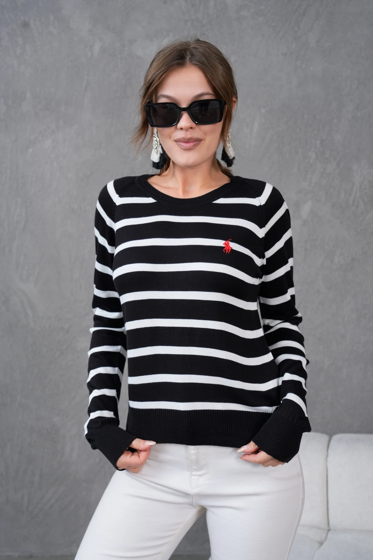 Kadın Bisiklet Yaka Çizgili Triko Kazak 10283.Vsc