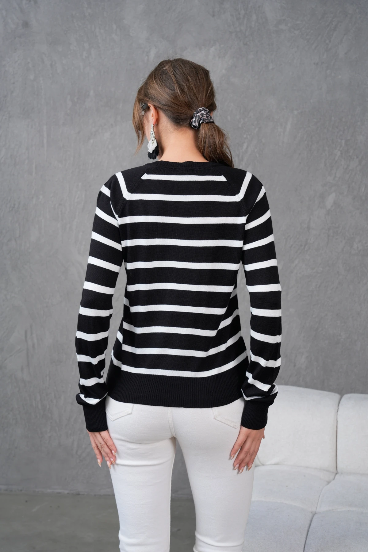 Kadın Bisiklet Yaka Çizgili Triko Kazak 10283.Vsc