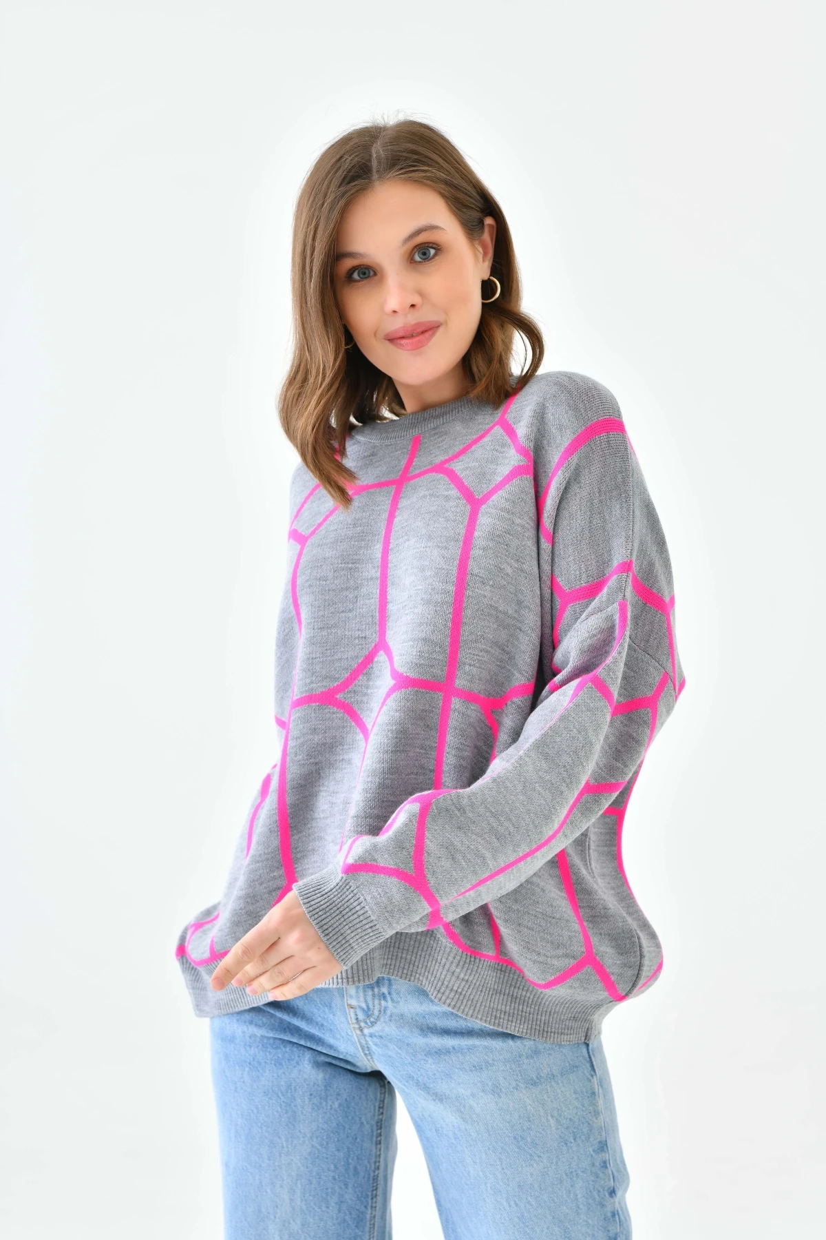 Kadın Bisiklet Yaka Desenli Oversize Triko Kazak 224403