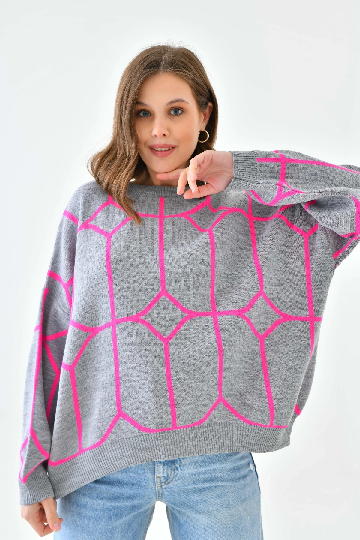 Kadın Bisiklet Yaka Desenli Oversize Triko Kazak 224403