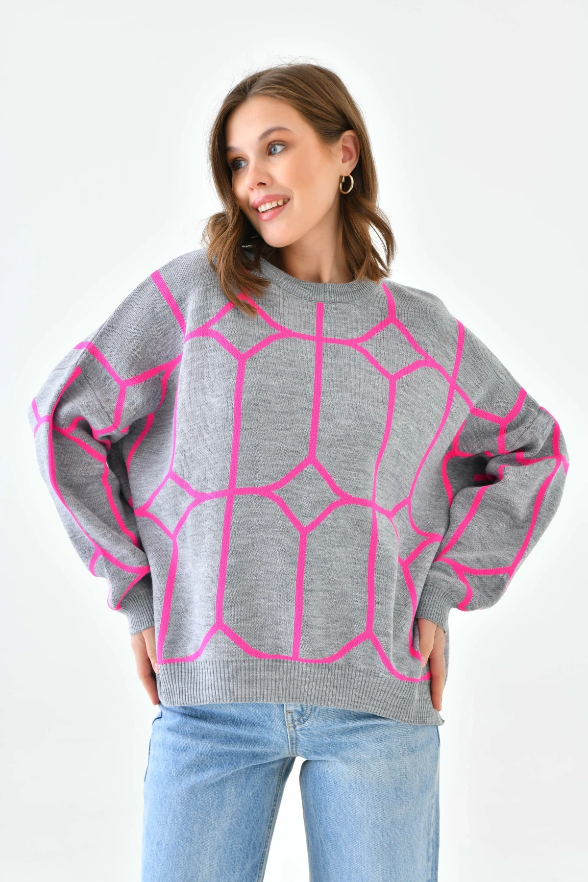 Kadın Bisiklet Yaka Desenli Oversize Triko Kazak 224403