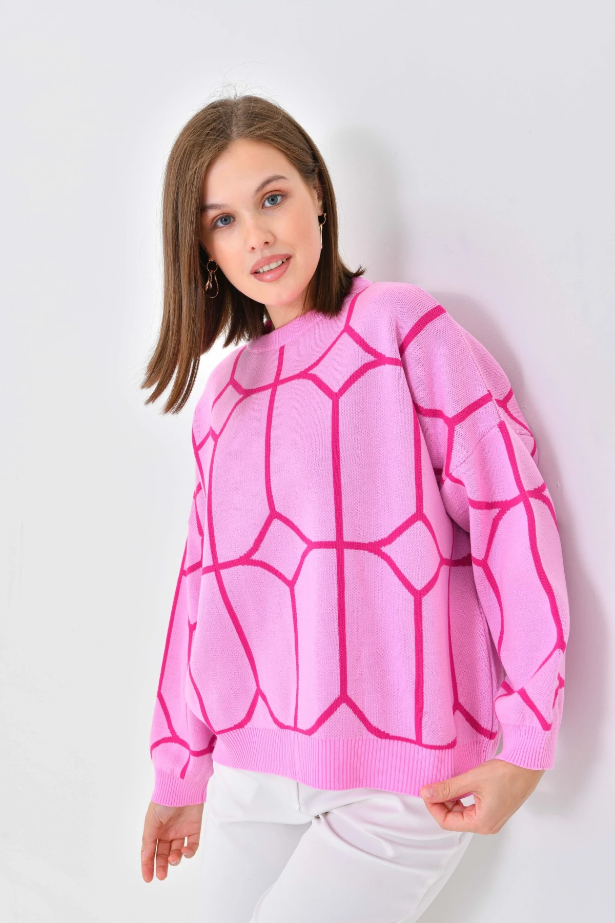 Kadın Bisiklet Yaka Desenli Oversize Triko Kazak 224403