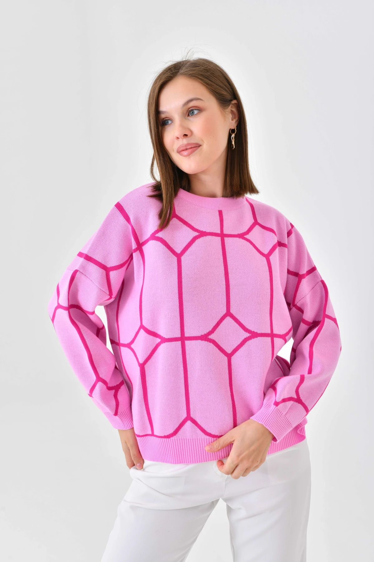 Kadın Bisiklet Yaka Desenli Oversize Triko Kazak 224403