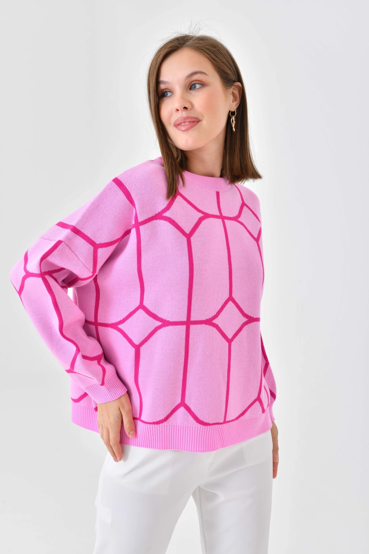 Kadın Bisiklet Yaka Desenli Oversize Triko Kazak 224403