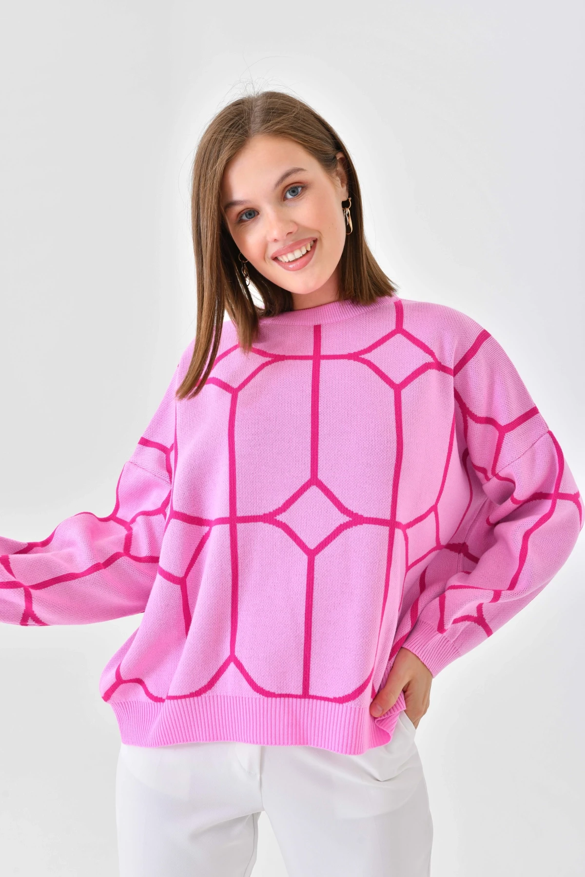 Kadın Bisiklet Yaka Desenli Oversize Triko Kazak 224403