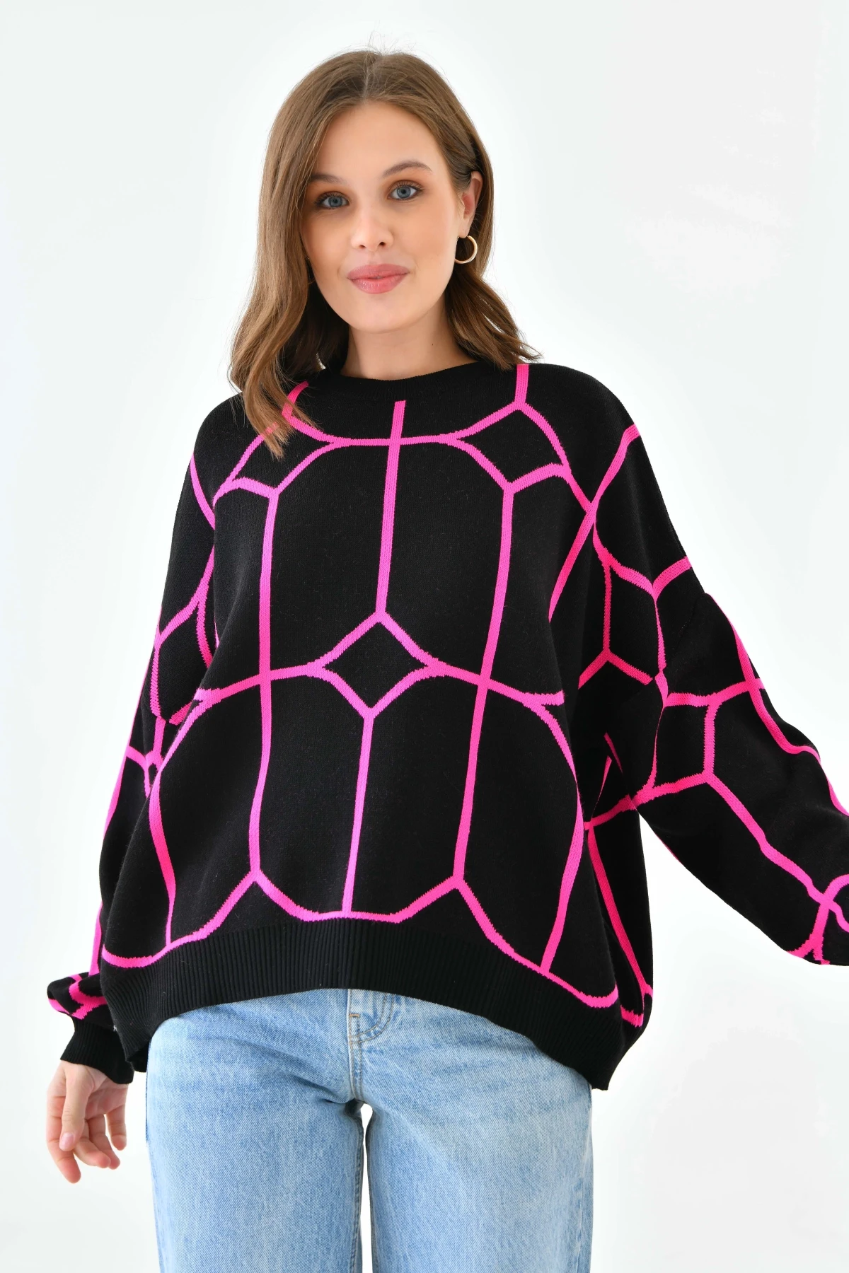 Kadın Bisiklet Yaka Desenli Oversize Triko Kazak 224403