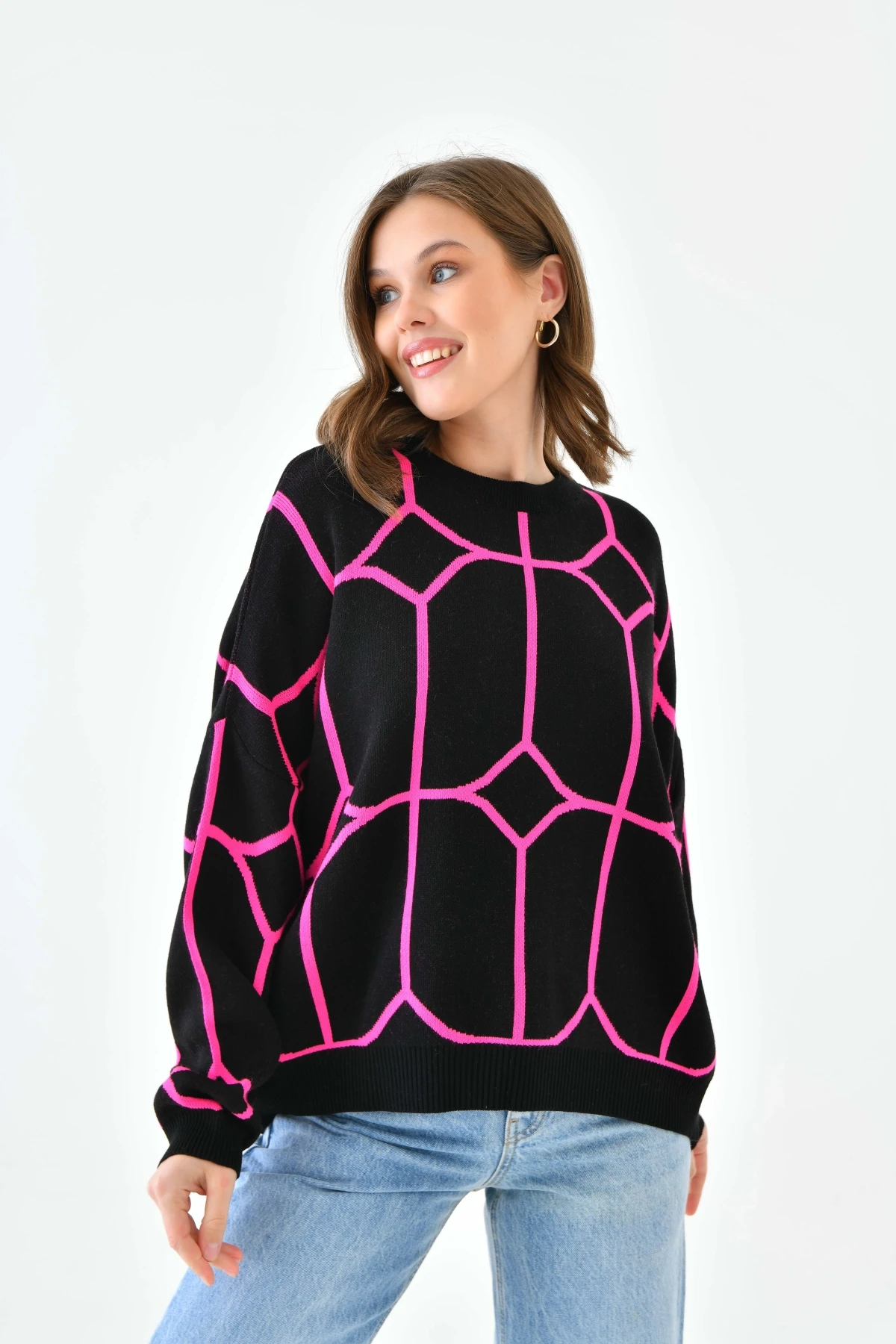 Kadın Bisiklet Yaka Desenli Oversize Triko Kazak 224403