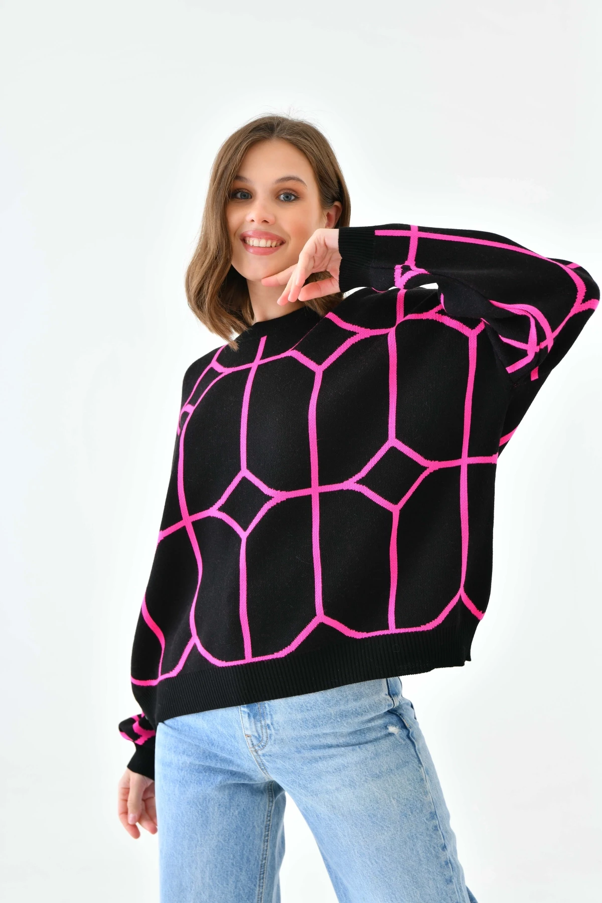 Kadın Bisiklet Yaka Desenli Oversize Triko Kazak 224403