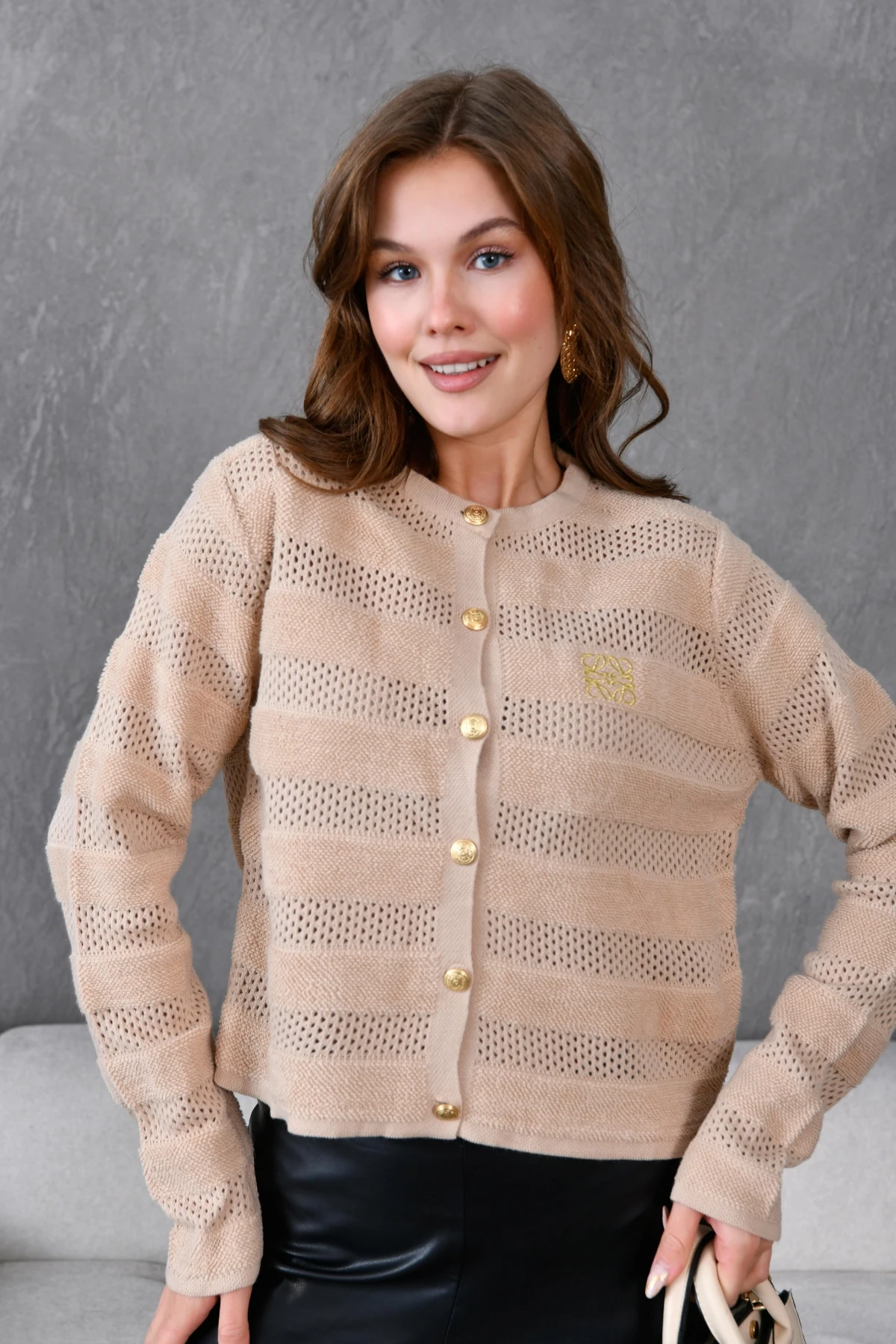 Kadın Bisiklet Yaka Düğme Detay Ajurlu Triko Ceket 10825