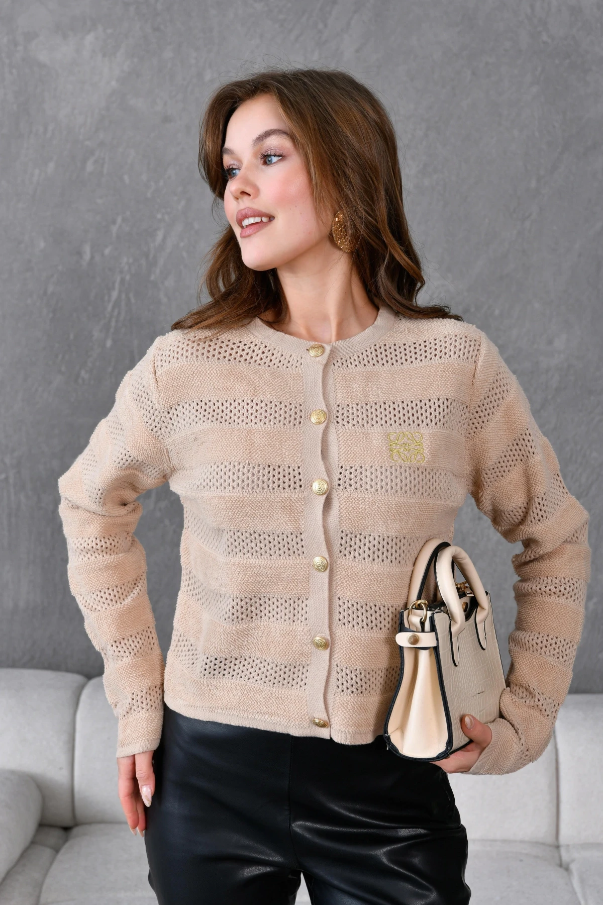 Kadın Bisiklet Yaka Düğme Detay Ajurlu Triko Ceket 10825