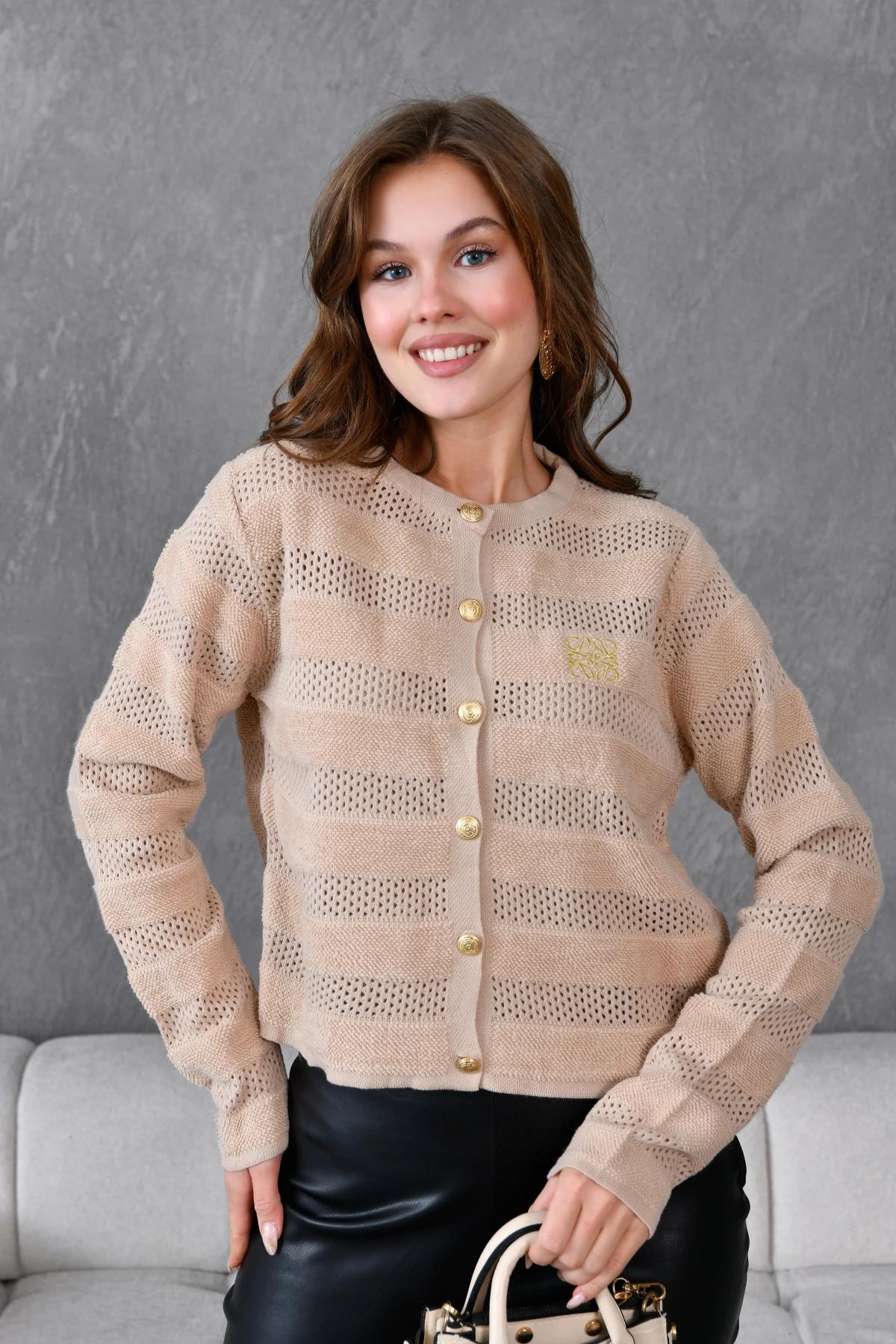 Kadın Bisiklet Yaka Düğme Detay Ajurlu Triko Ceket 10825