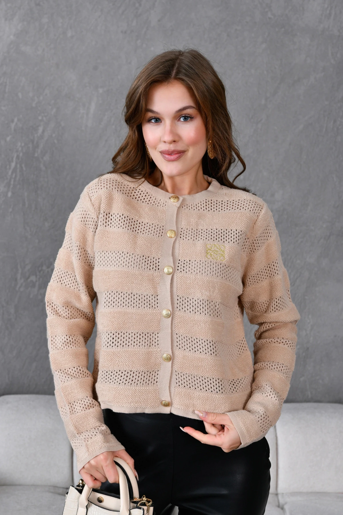 Kadın Bisiklet Yaka Düğme Detay Ajurlu Triko Ceket 10825