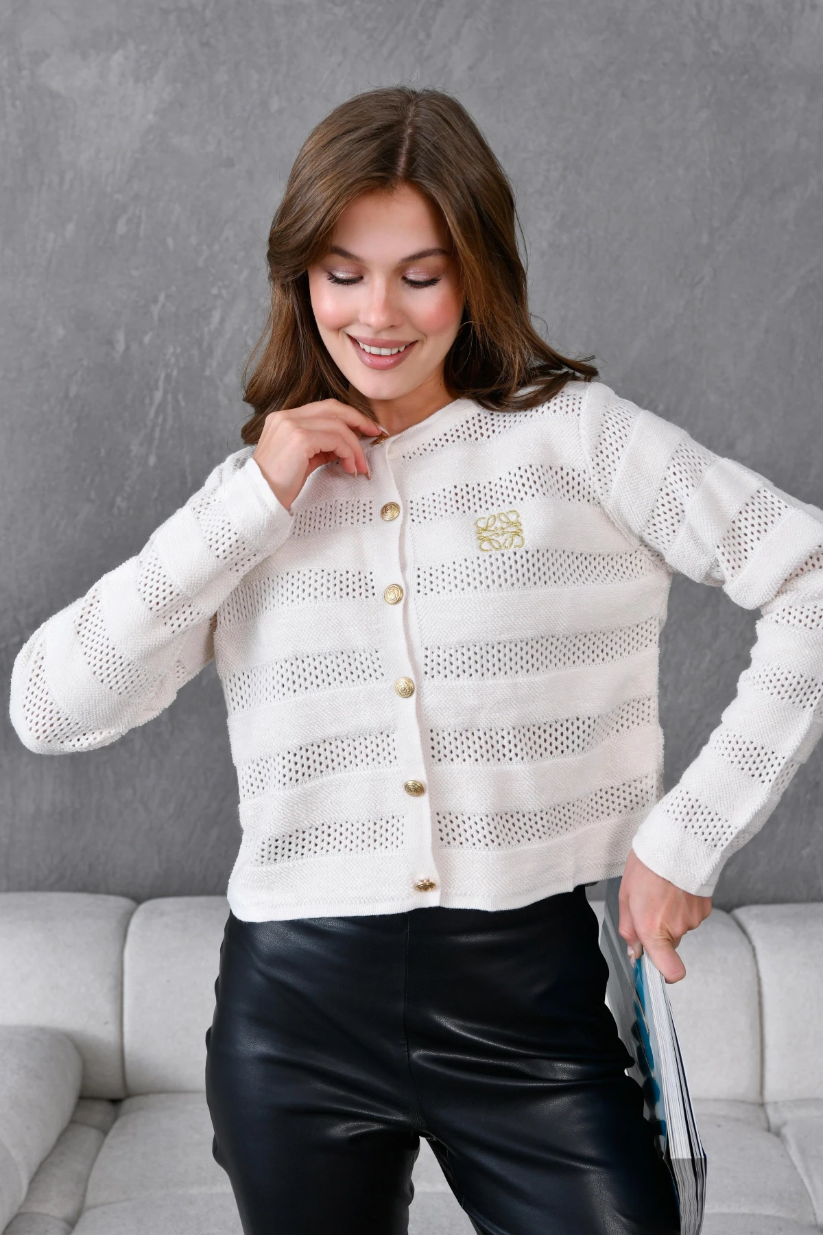 Kadın Bisiklet Yaka Düğme Detay Ajurlu Triko Ceket 10825