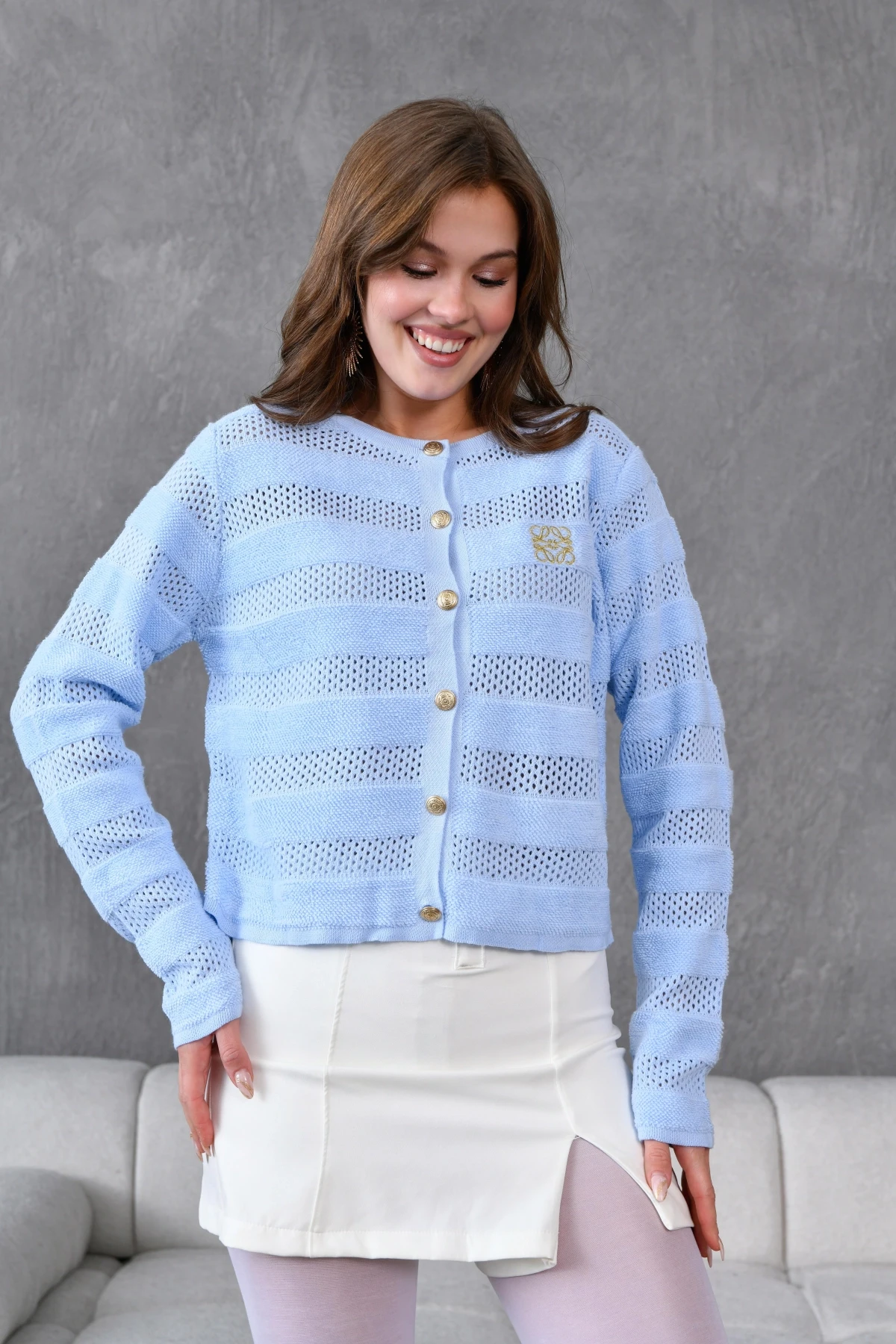 Kadın Bisiklet Yaka Düğme Detay Ajurlu Triko Ceket 10825