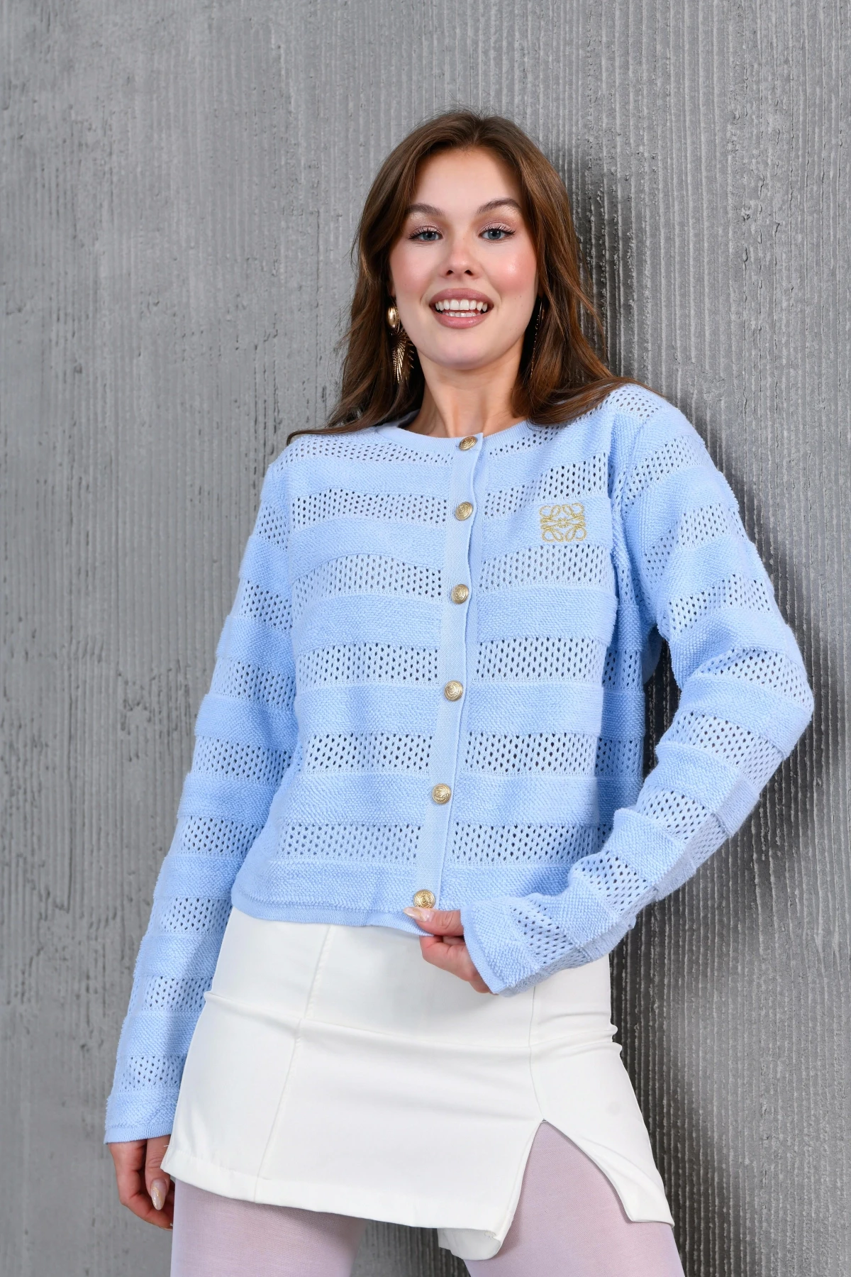 Kadın Bisiklet Yaka Düğme Detay Ajurlu Triko Ceket 10825