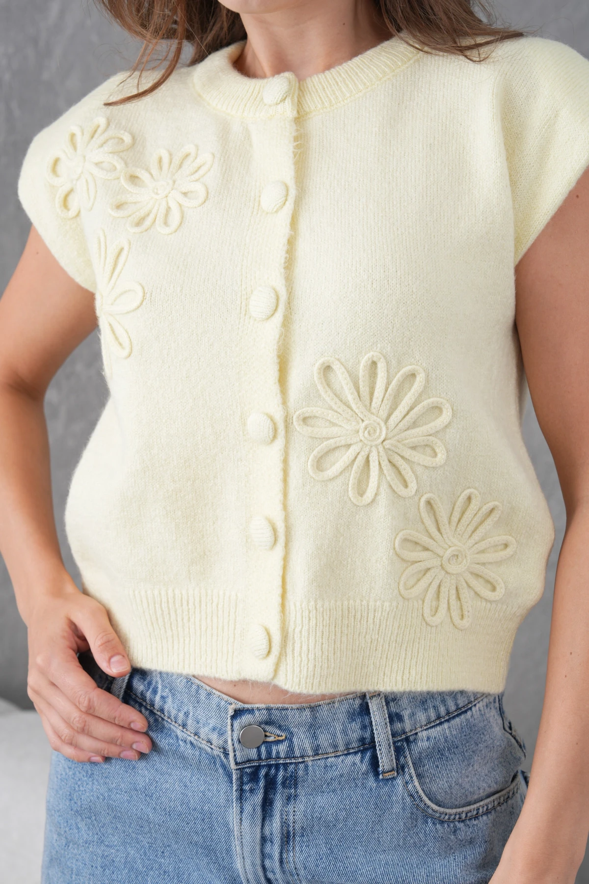 Kadın Bisiklet Yaka Düğme Detay Örgü Desenli Triko Ceket 8602Sw