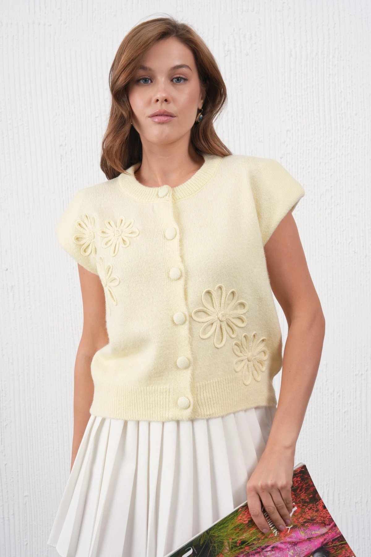 Kadın Bisiklet Yaka Düğme Detay Örgü Desenli Triko Ceket 8602Sw