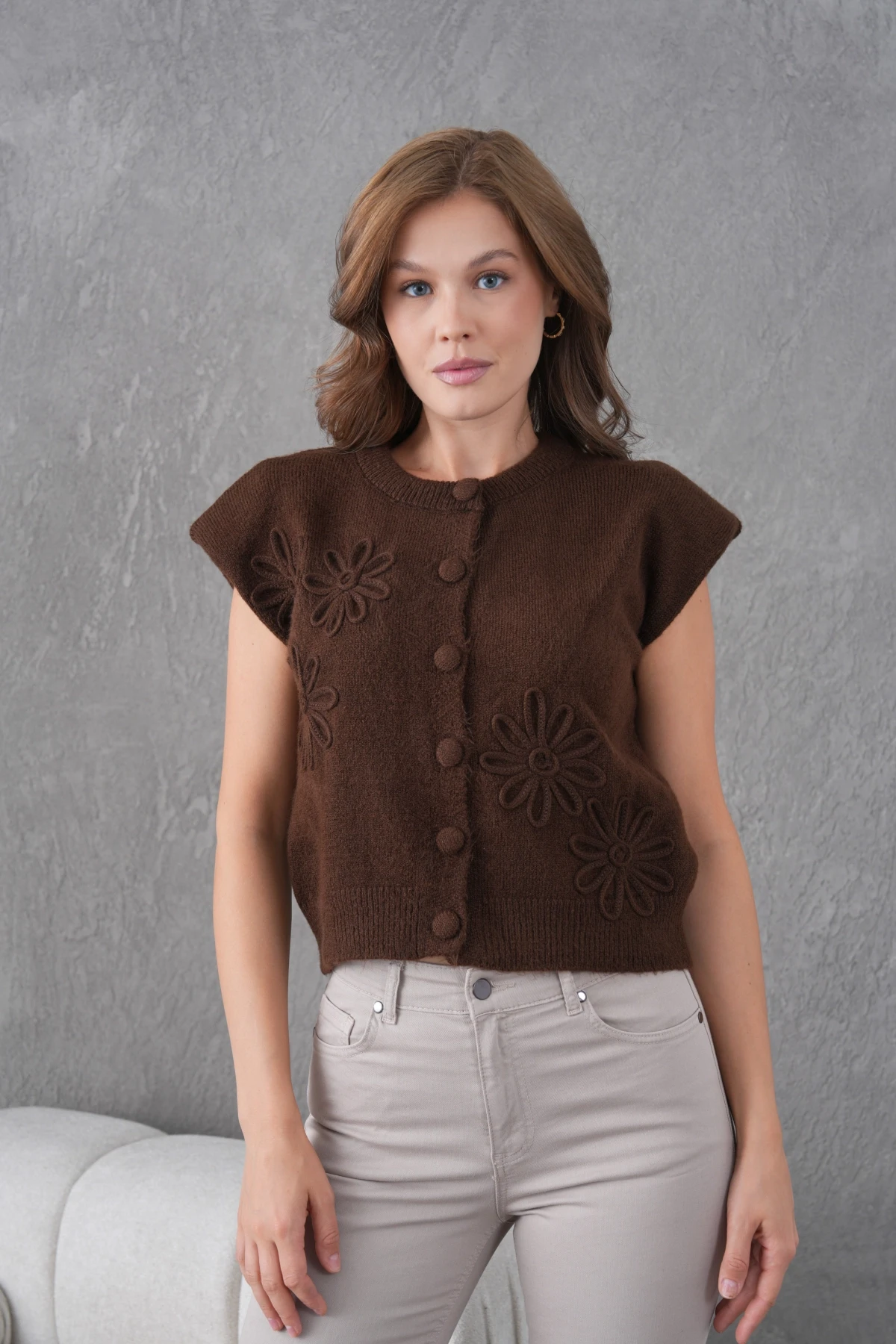 Kadın Bisiklet Yaka Düğme Detay Örgü Desenli Triko Ceket 8602Sw